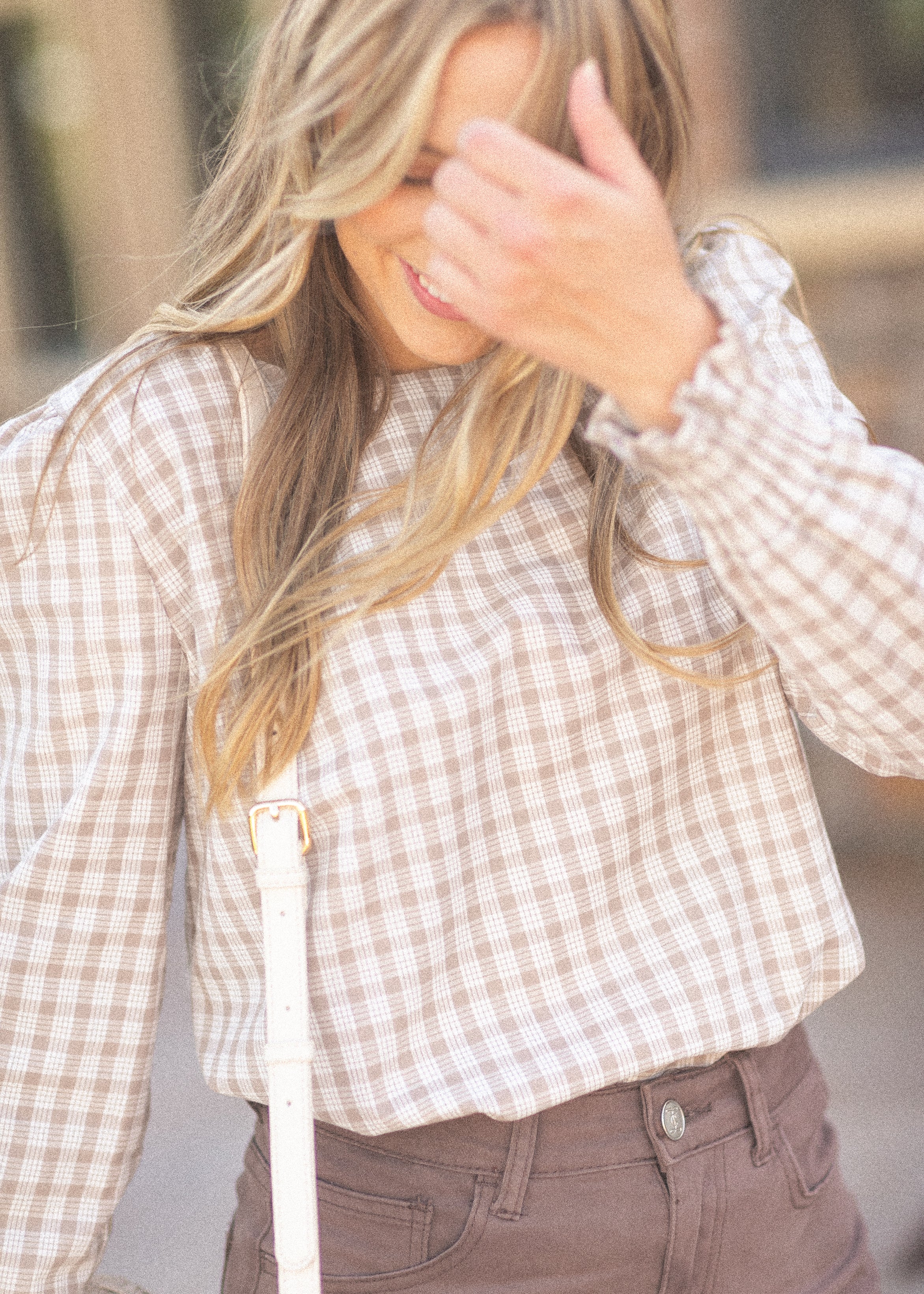 Inherit Co. Blake Cinched Sleeve Blouse — fabric or material detail