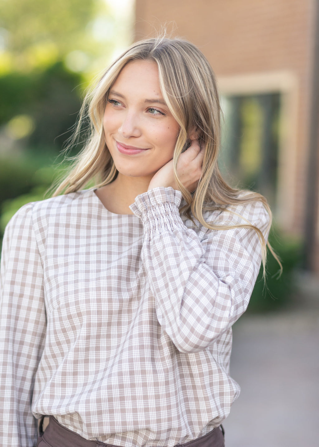 Inherit Co. Blake Cinched Sleeve Blouse — detail close-up