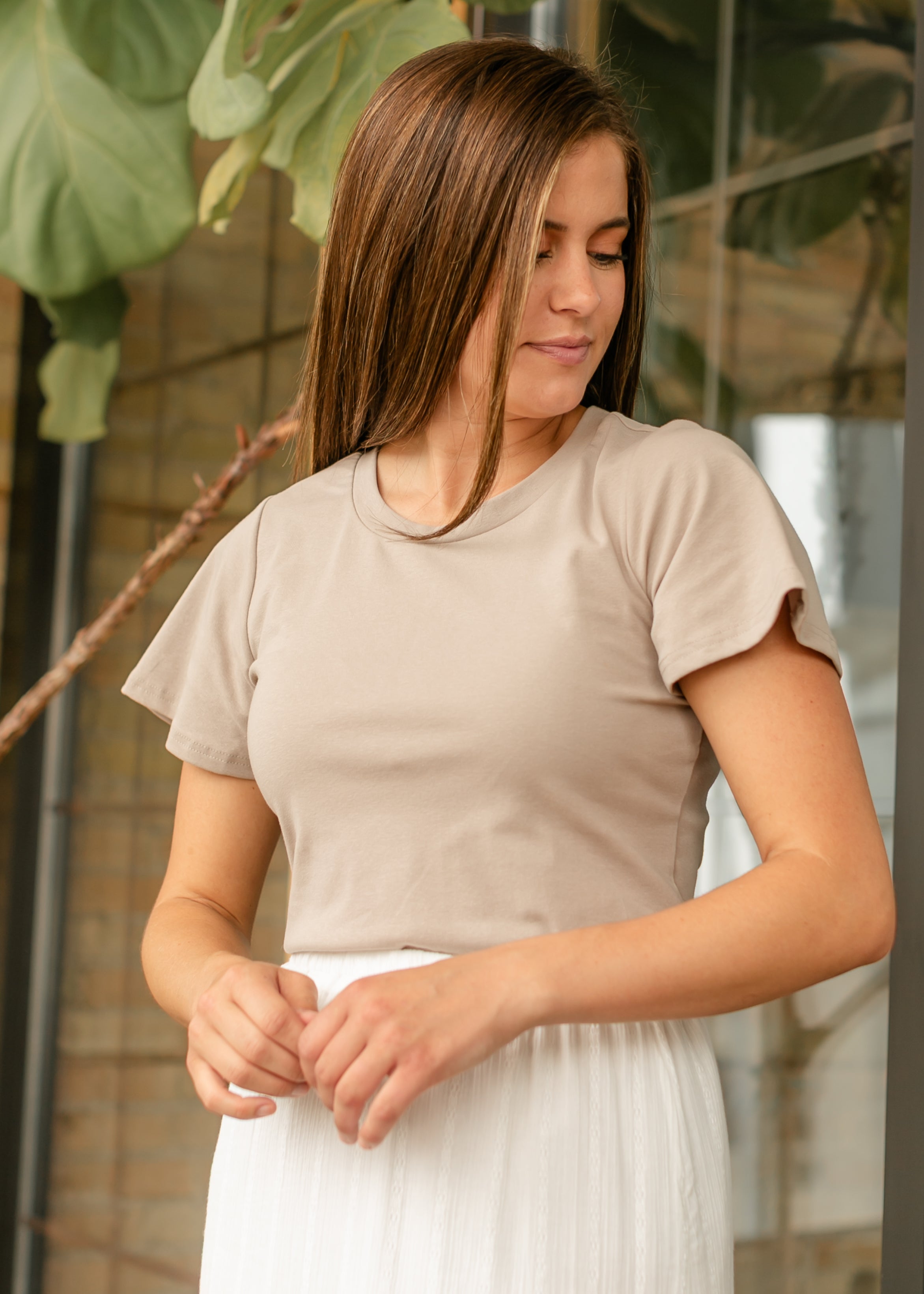Inherit Co. Essential Sand Flutter Sleeve Top — product on model