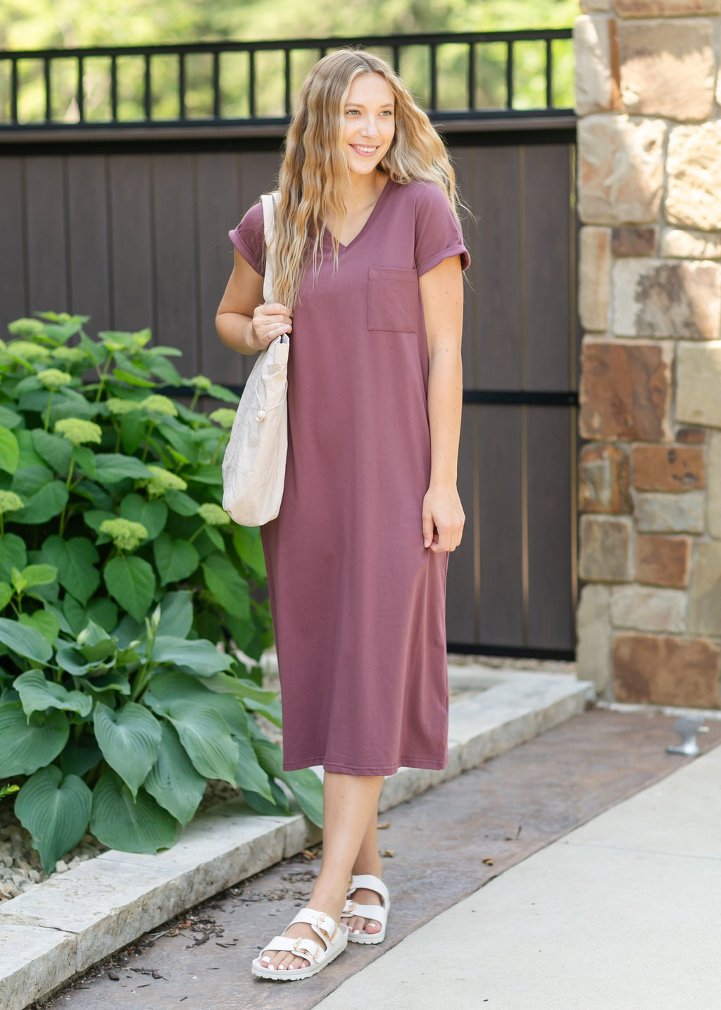 Inherit Co. Finley V-neck T-shirt Dress — detail close-up