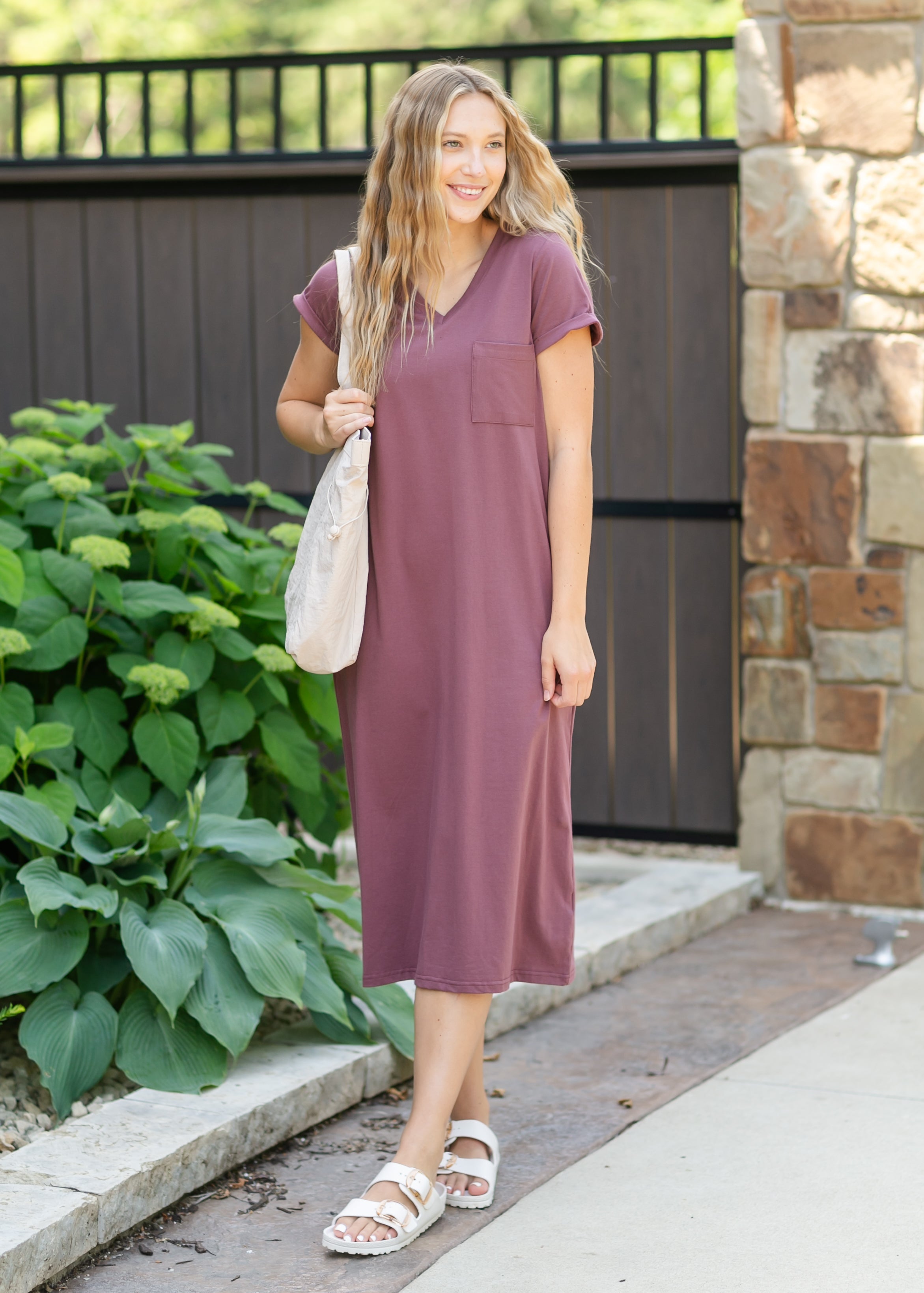 Inherit Co. Finley V-neck T-shirt Dress — detail close-up