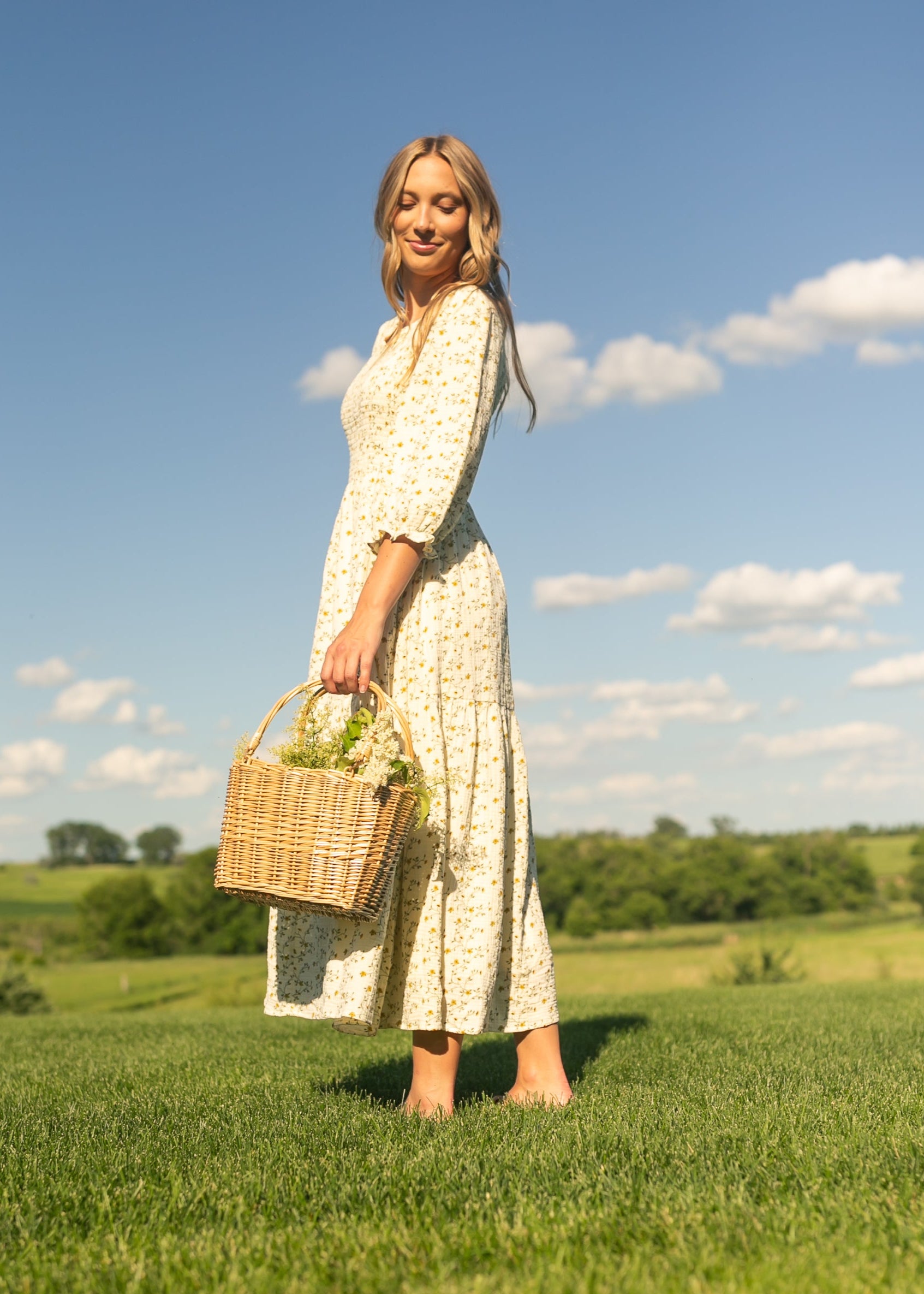 Inherit Co. Flora Smocked Midi Dress — fabric or material detail