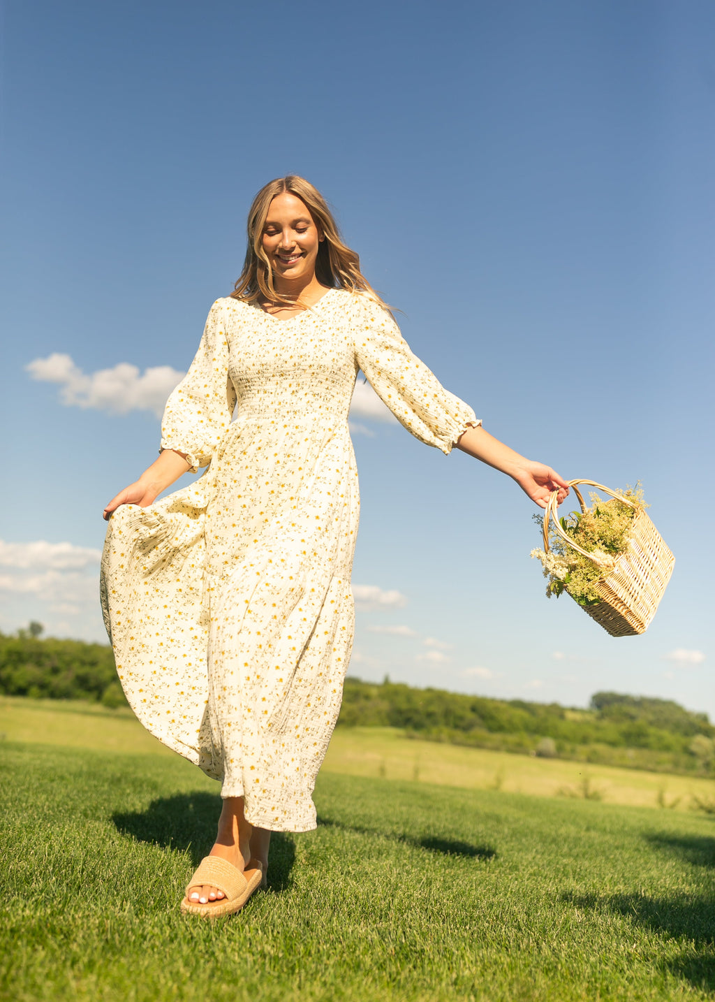 Inherit Co. Flora Smocked Midi Dress — flat-lay composition