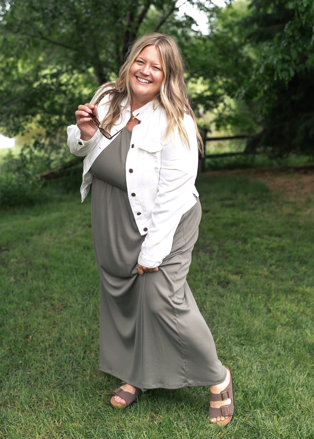 Inherit Co. Jasmine Olive Ribbed Maxi Dress — product on model