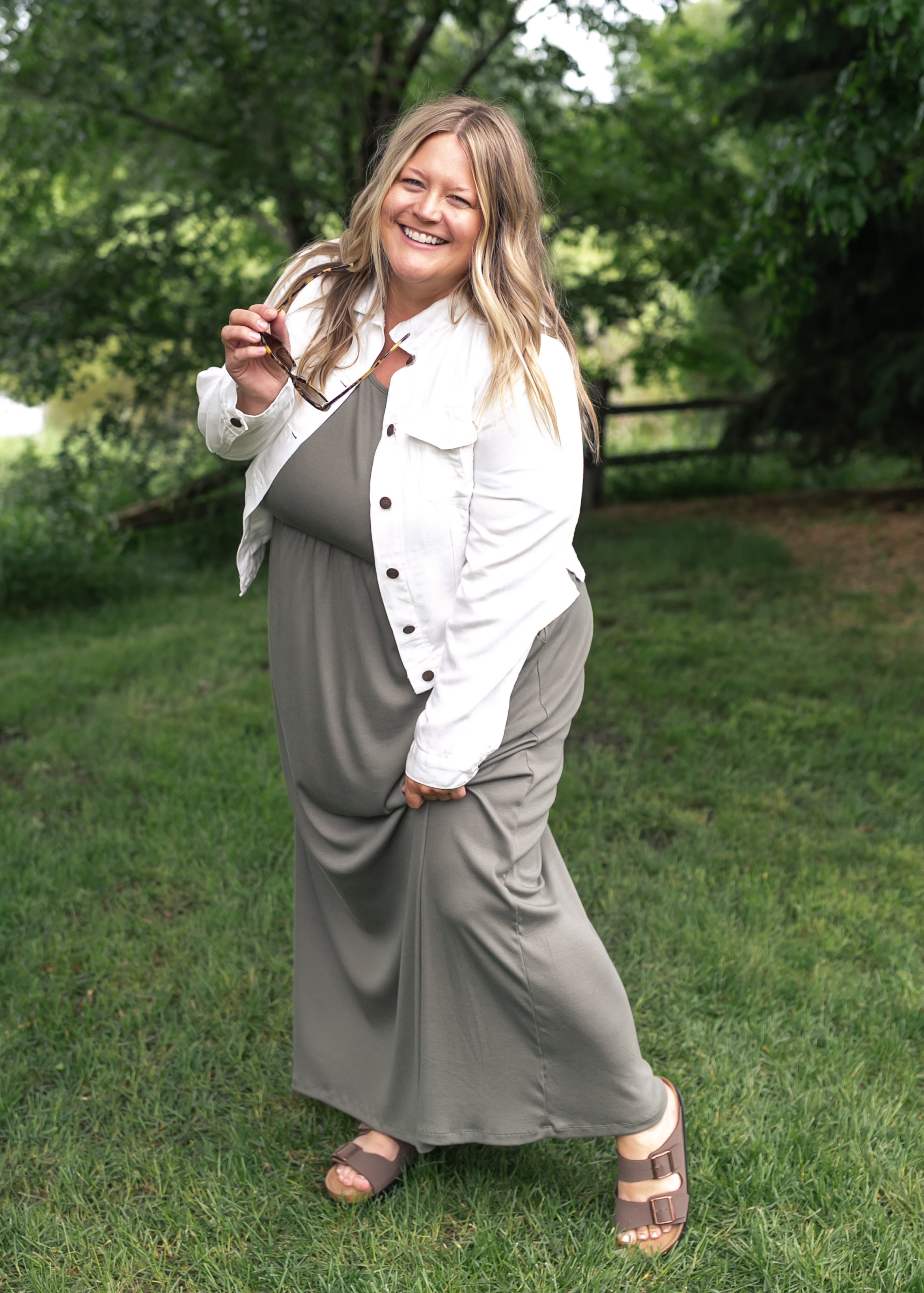 Inherit Co. Jasmine Olive Ribbed Maxi Dress — product on model