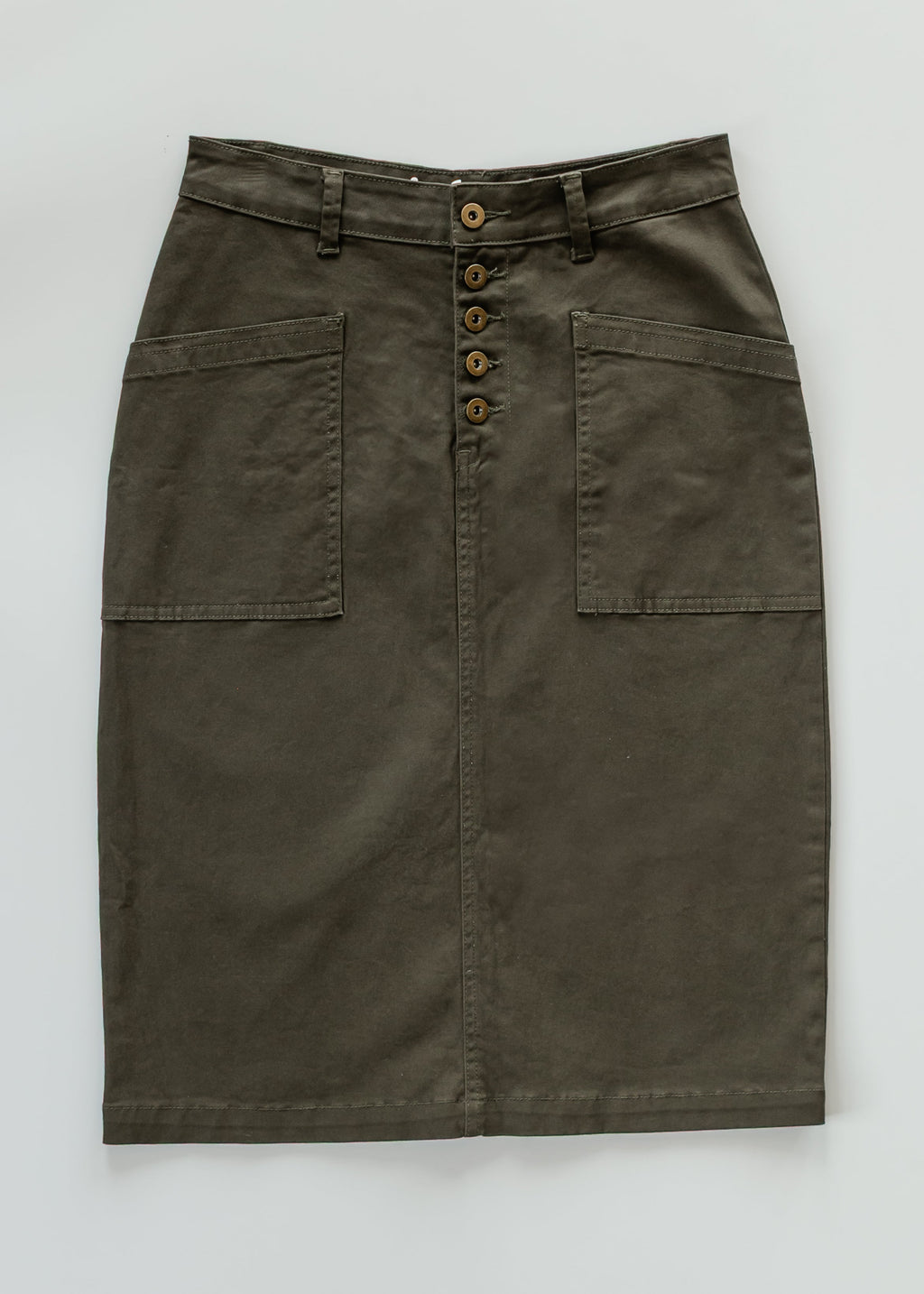 Inherit Co. Kennedy Olive Midi Denim Skirt — fabric or material detail