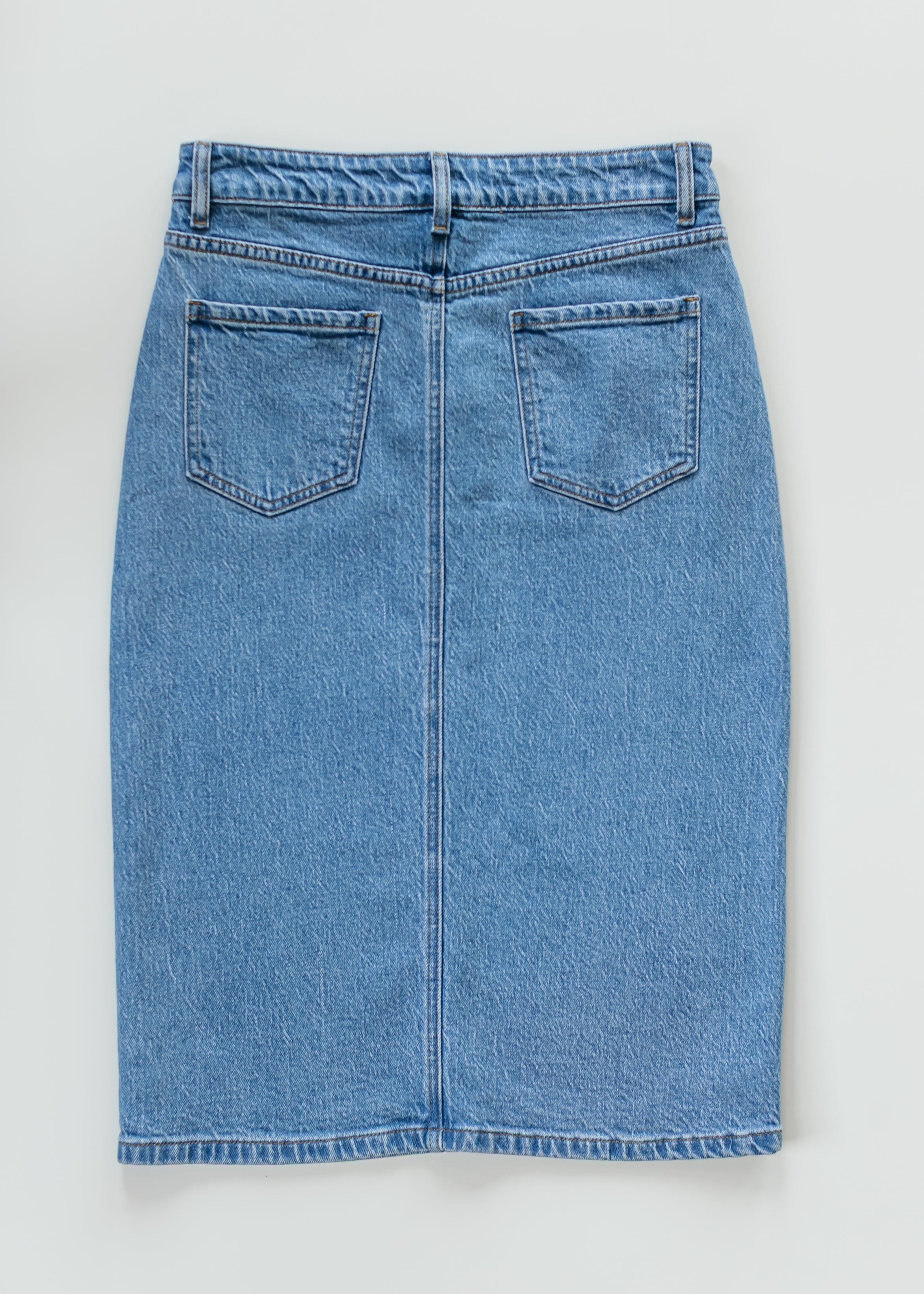 Inherit Co. Remi Denim Classic Wash Midi Skirt — feature highlight