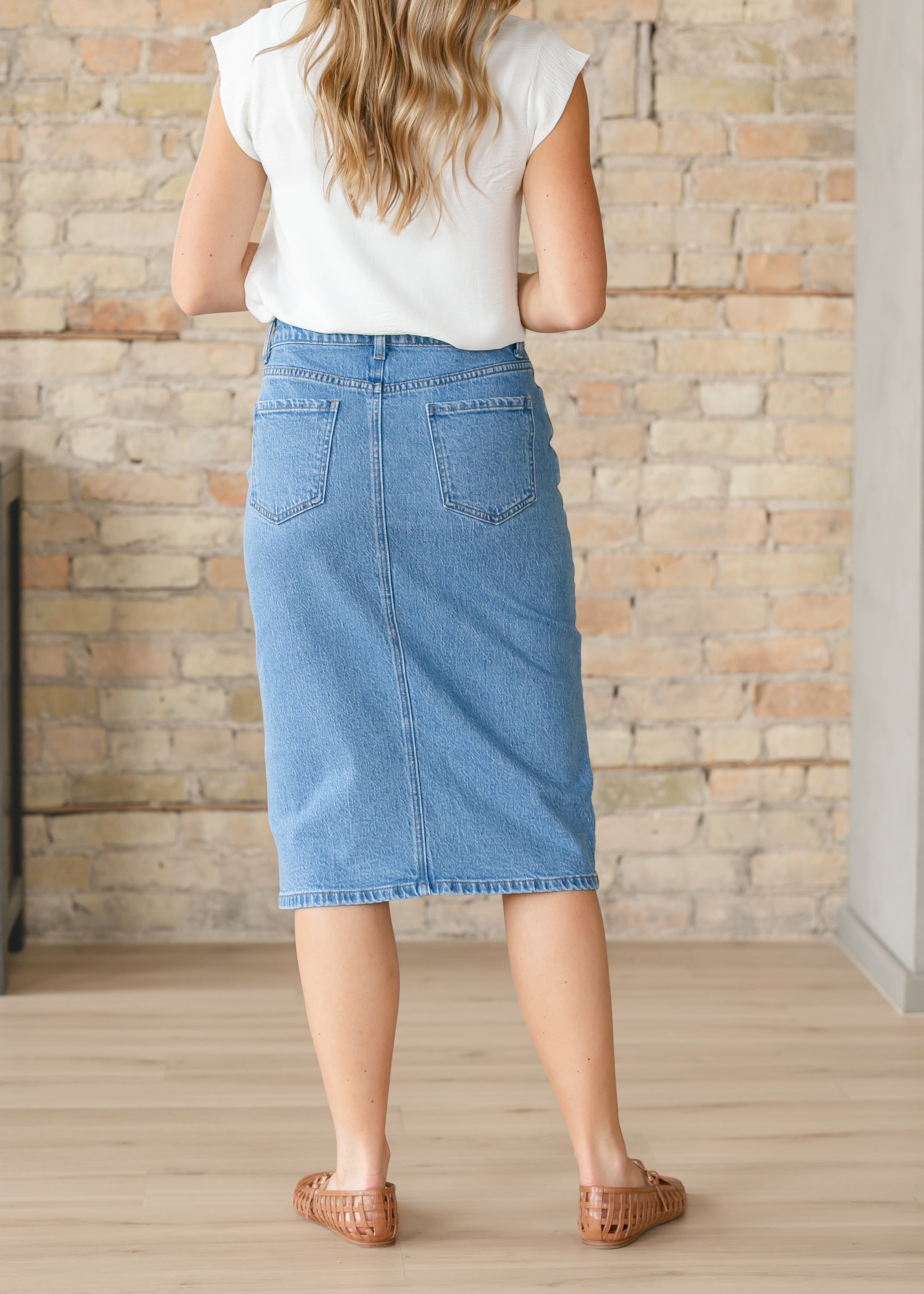 Inherit Co. Remi Denim Classic Wash Midi Skirt — in-use photo