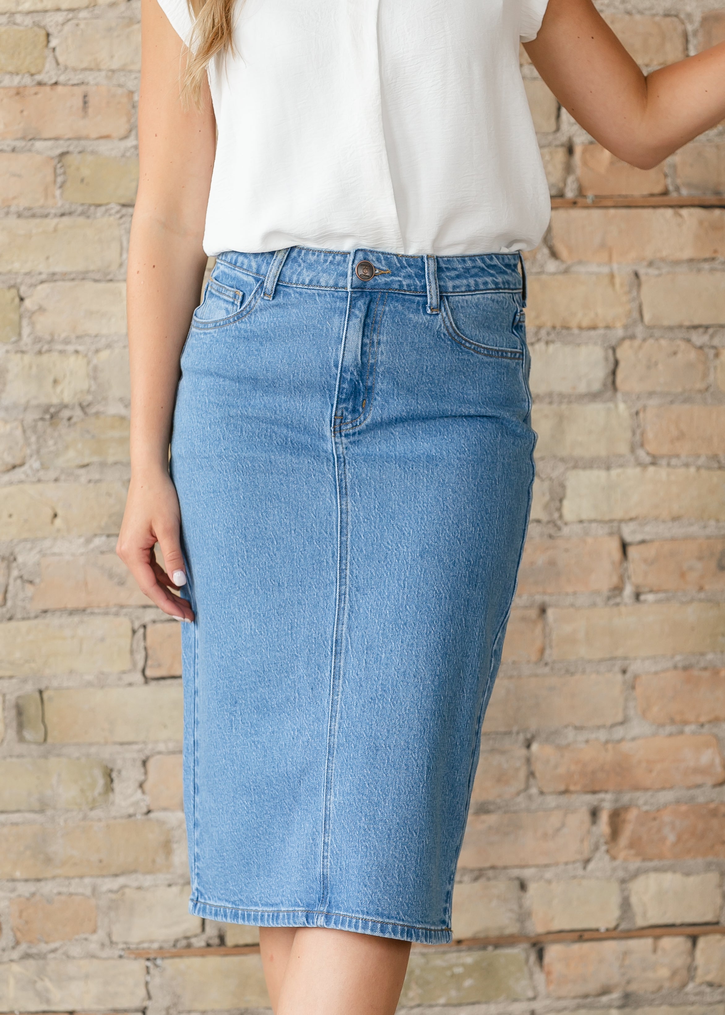 Inherit Co. Remi Denim Classic Wash Midi Skirt — back view