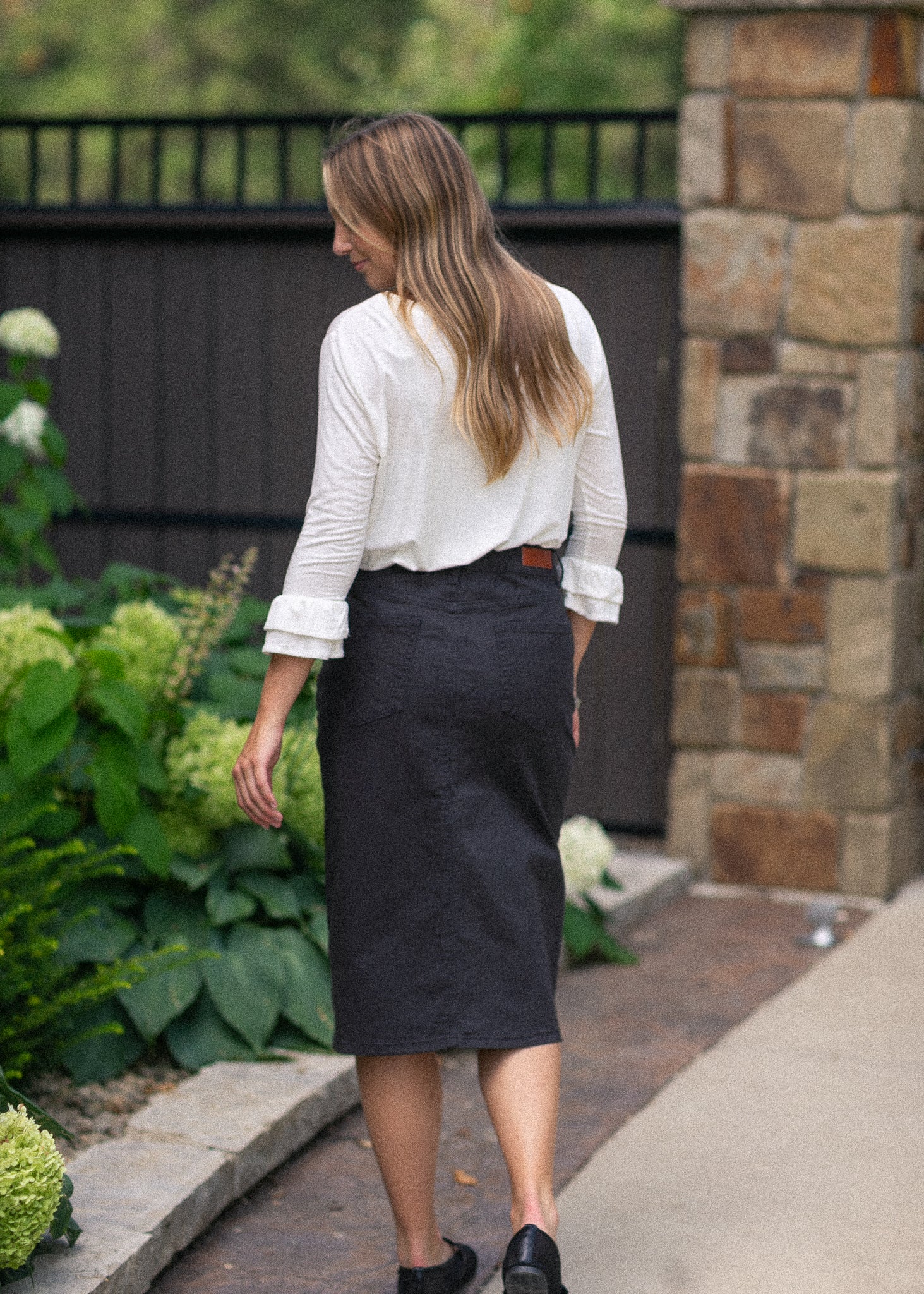 Inherit Co. Remi Onyx Black Denim Midi Skirt — fabric or material detail