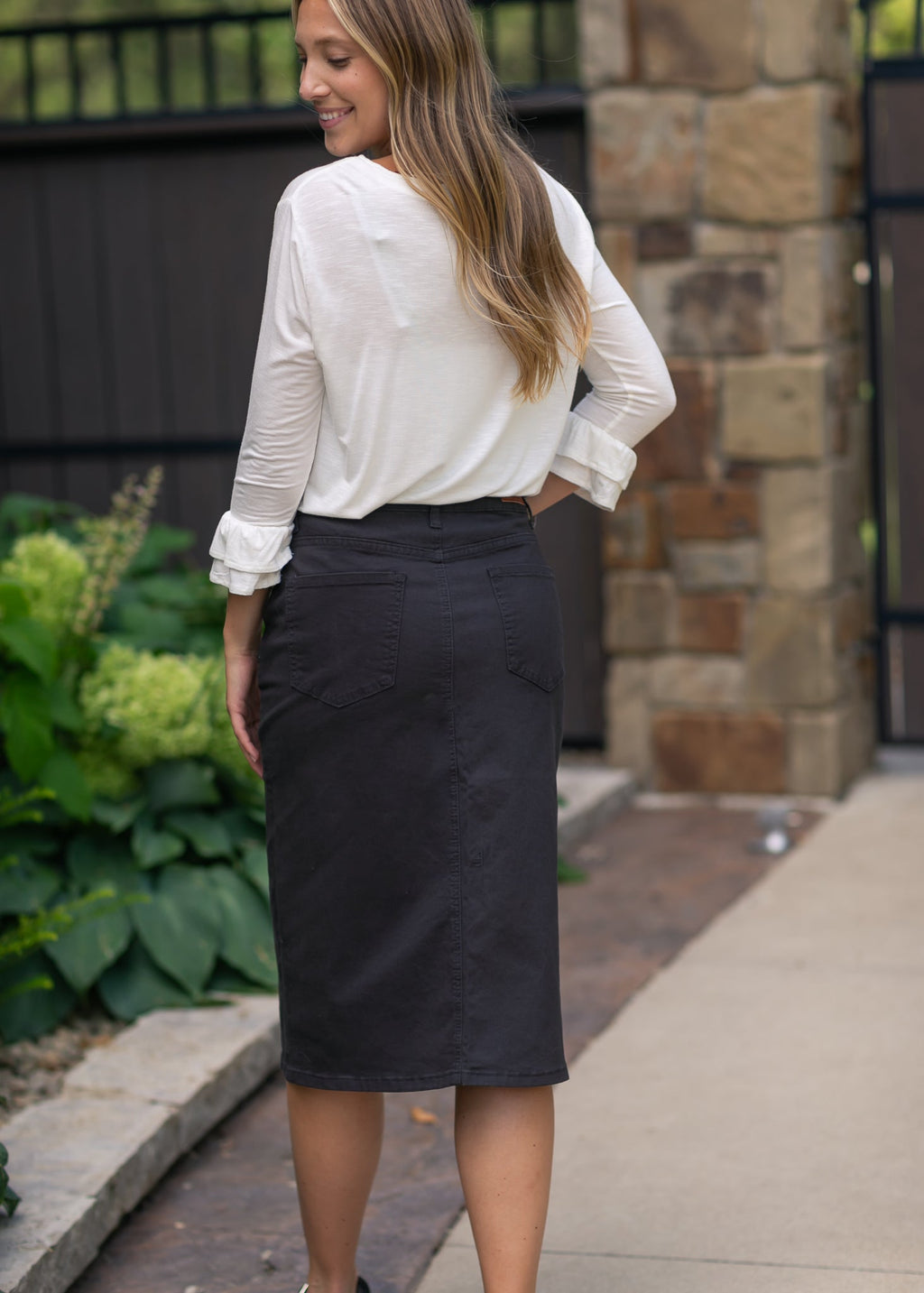 Inherit Co. Remi Onyx Black Denim Midi Skirt — comparison shot