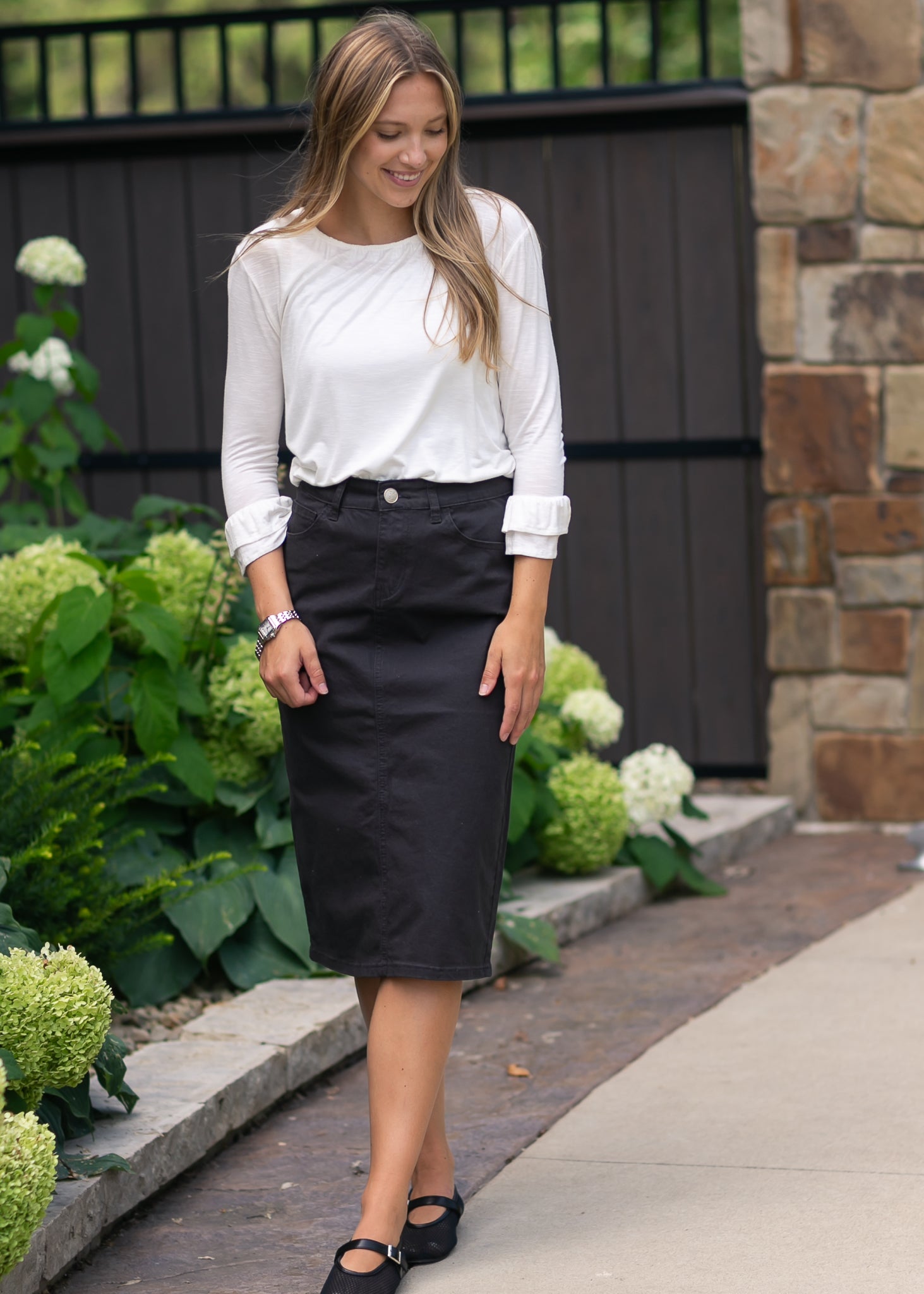 Inherit Co. Remi Onyx Black Denim Midi Skirt — size reference