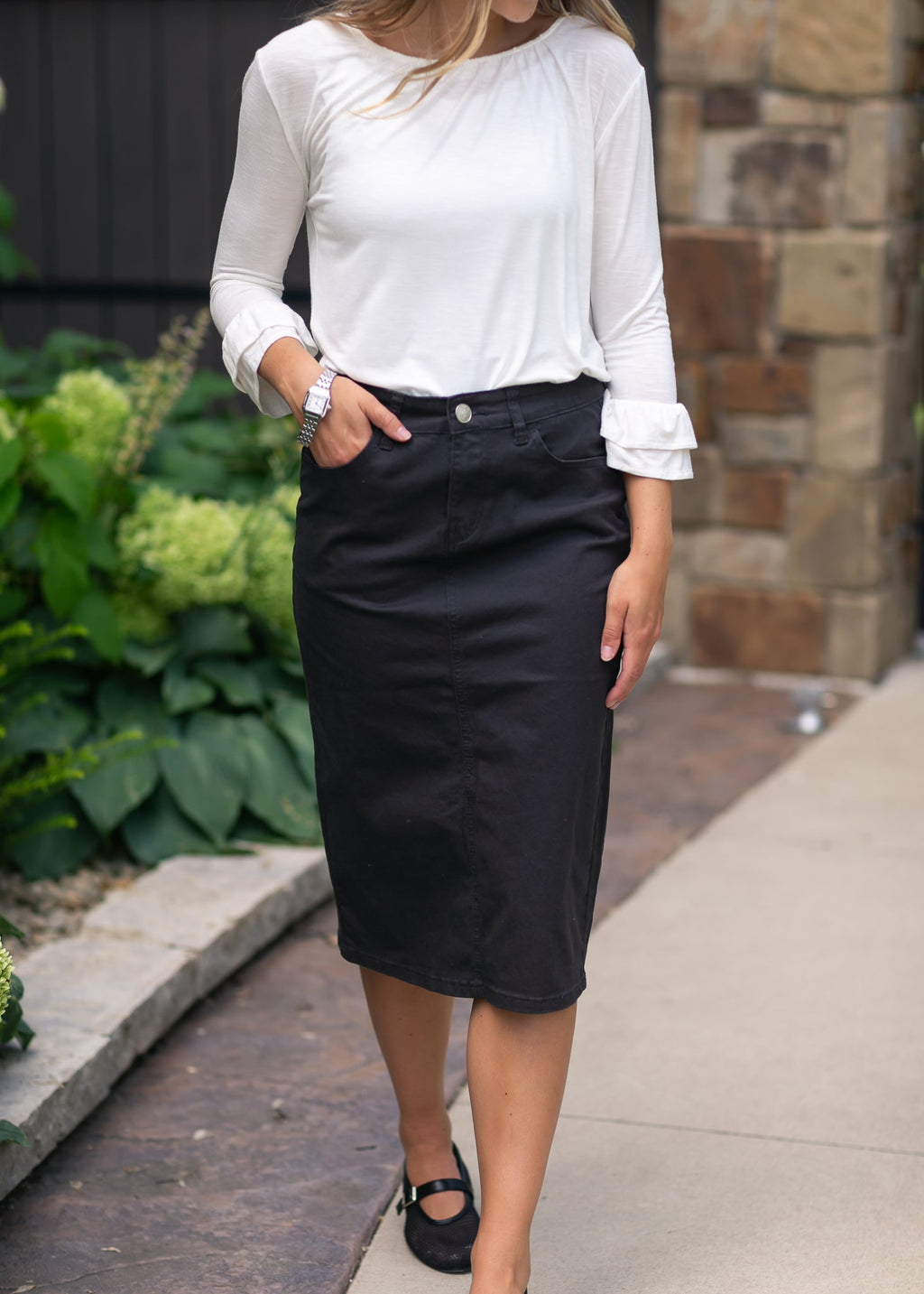 Inherit Co. Remi Onyx Black Denim Midi Skirt — color detail