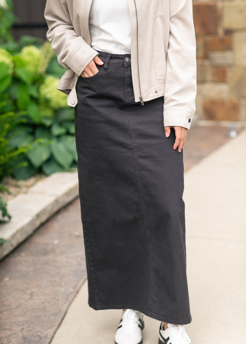 Inherit Co. Stella Onyx Black Denim Maxi Skirt — detail close-up