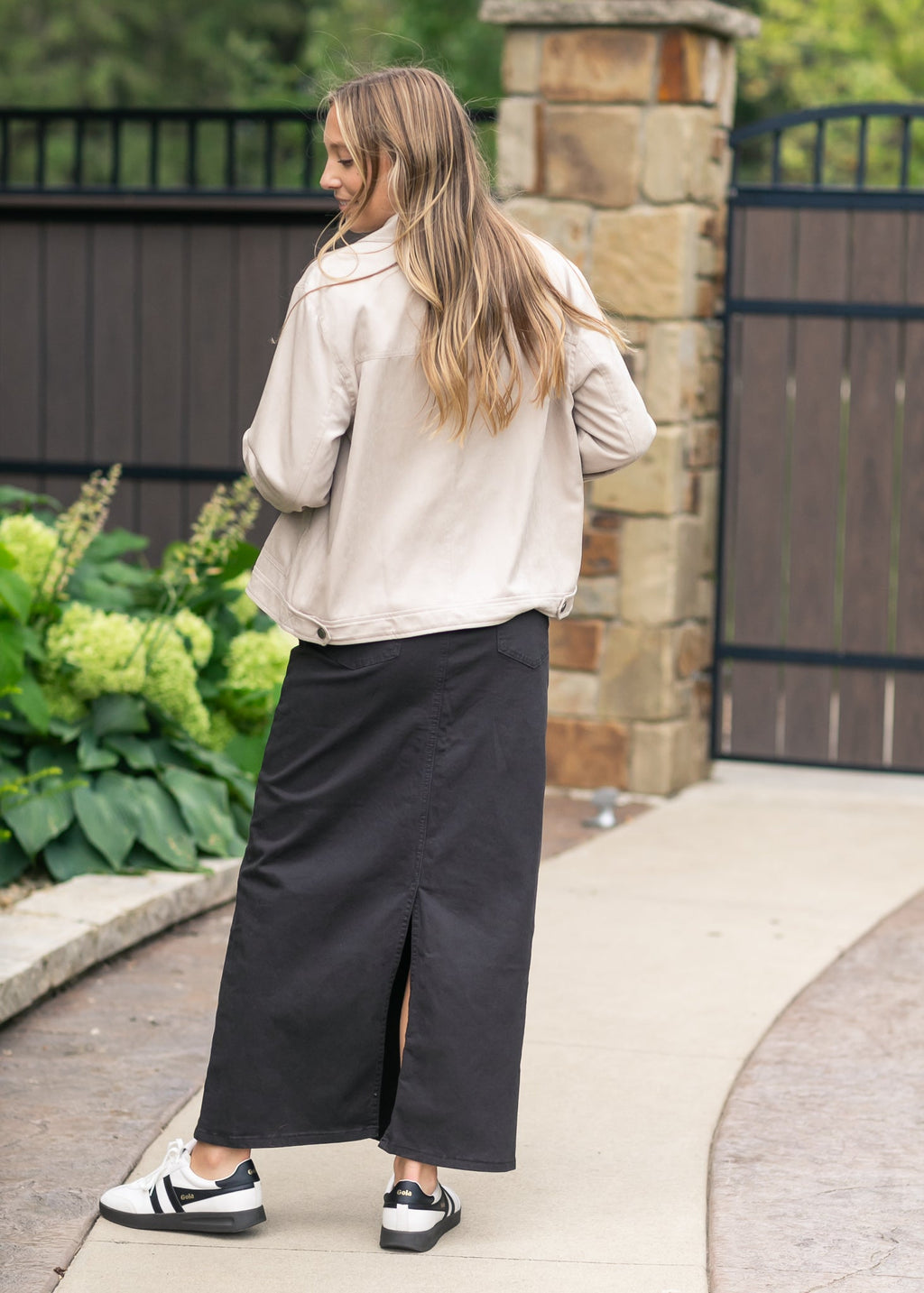 Inherit Co. Stella Onyx Black Denim Maxi Skirt — size reference