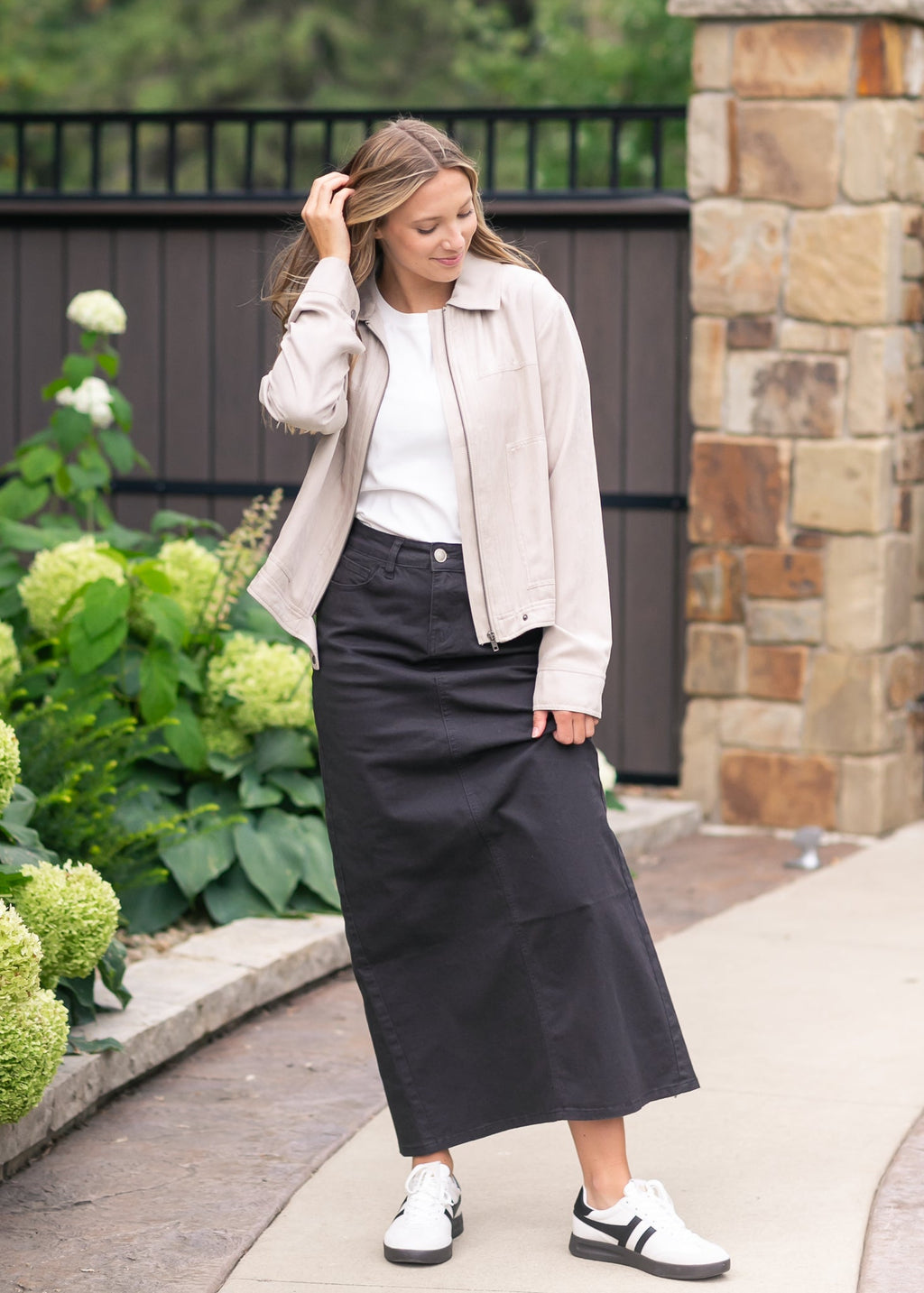 Inherit Co. Stella Onyx Black Denim Maxi Skirt — color detail