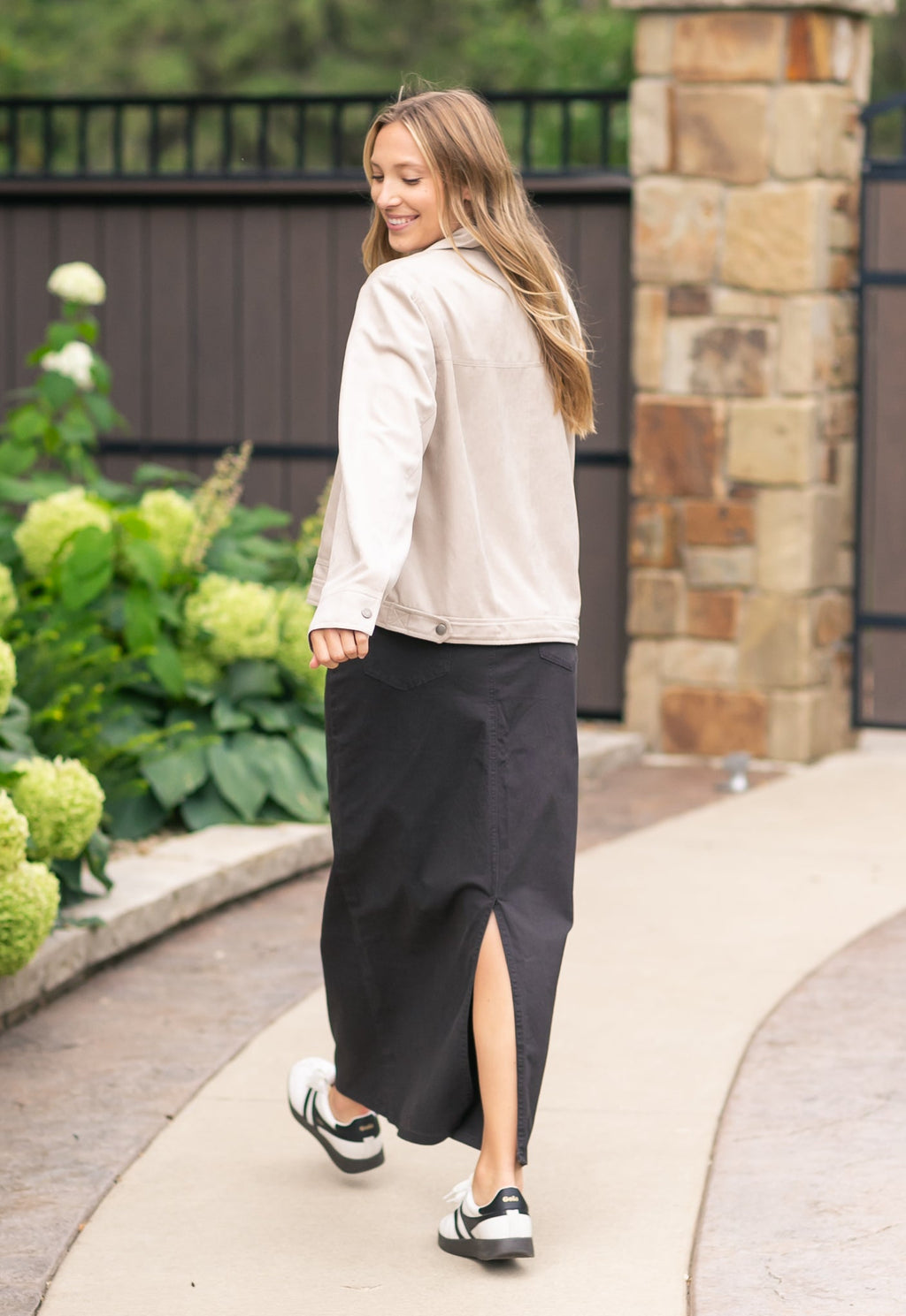 Inherit Co. Stella Onyx Black Denim Maxi Skirt — in-use photo