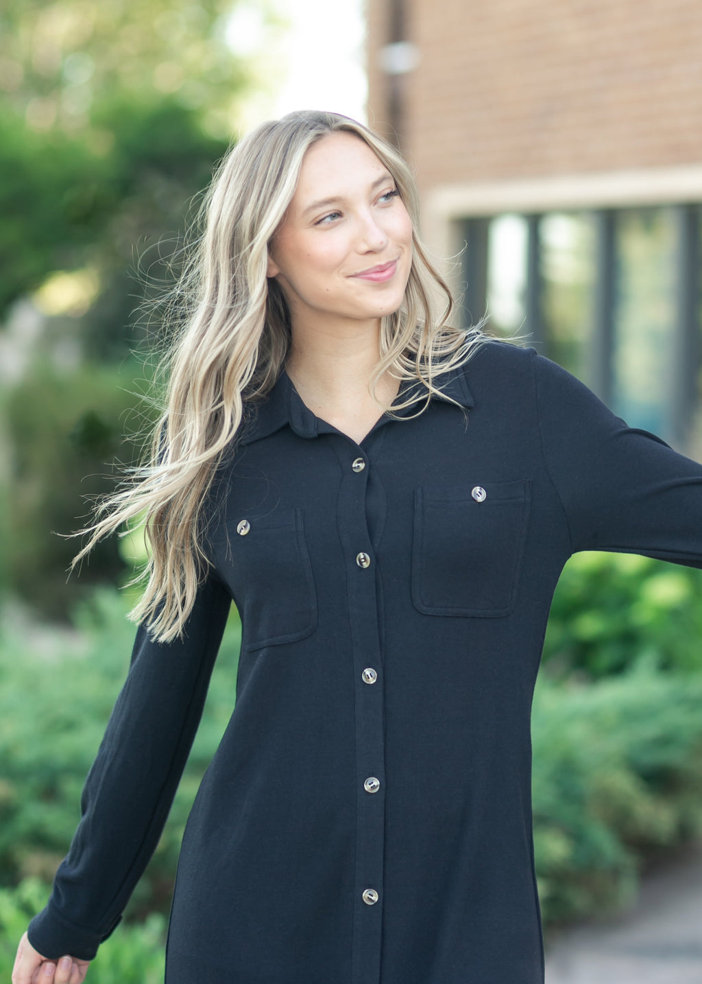 Inherit Co. Teagan Black Ultra Soft Shirt Dress - FINAL SALE — in-use photo