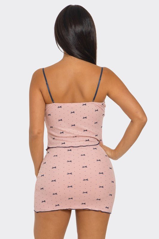 Pretty Bow Mini Skirt  and Spaghetti Strap Top Set – Chic Two-Piece Outfit for Women