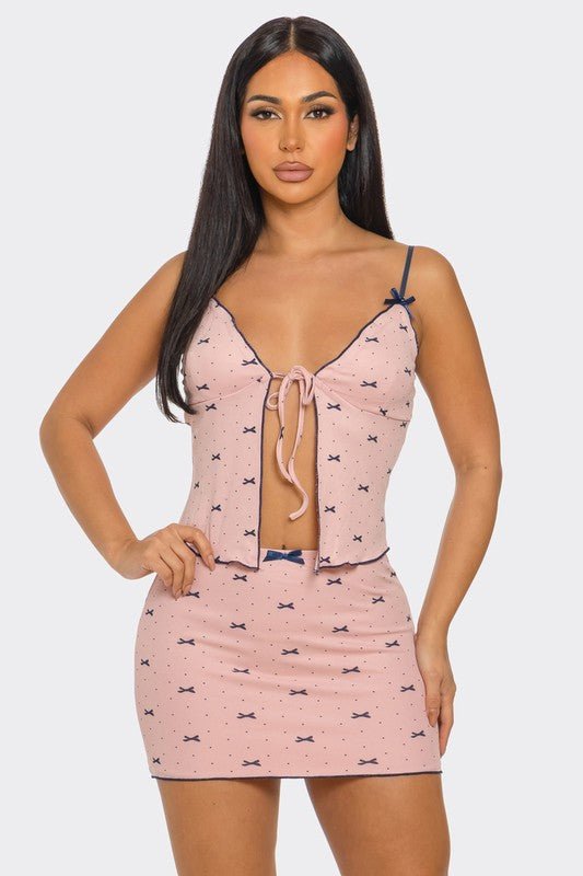 Pretty Bow Mini Skirt  and Spaghetti Strap Top Set – Chic Two-Piece Outfit for Women