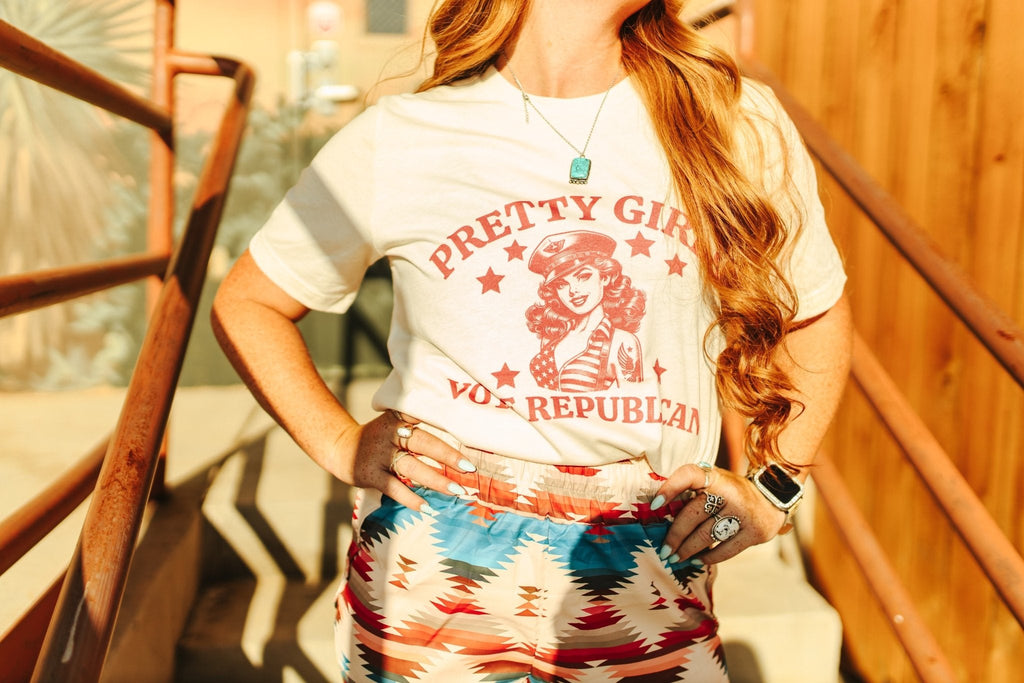 Wild Junkie Pretty Girls Vote Republican Graphic Tee — detail close-up