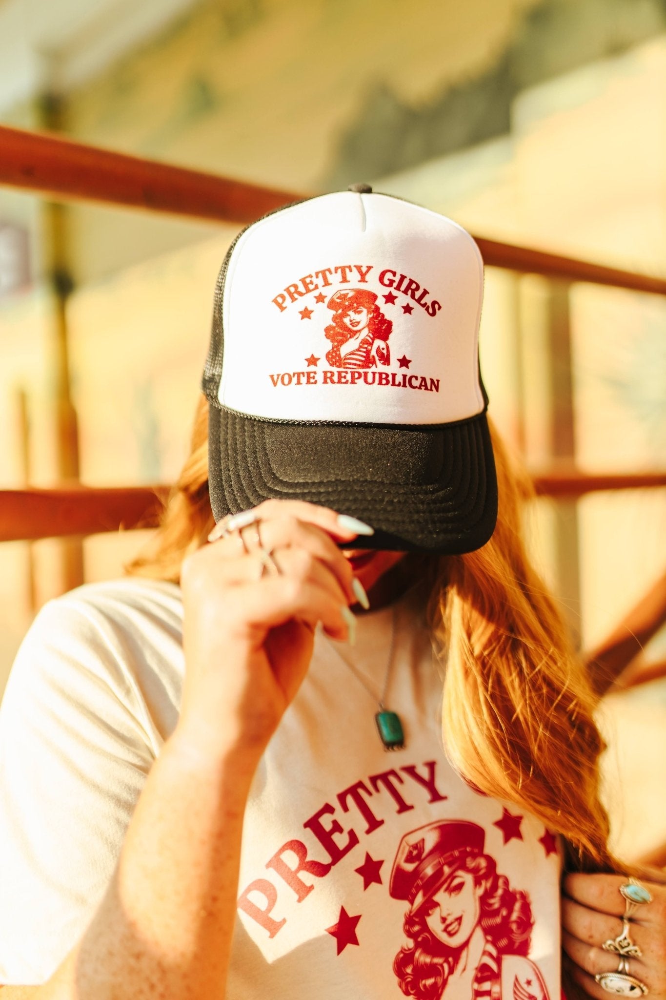 Wild Junkie Pretty Girls Vote Republican Trucker Hat — main product shot