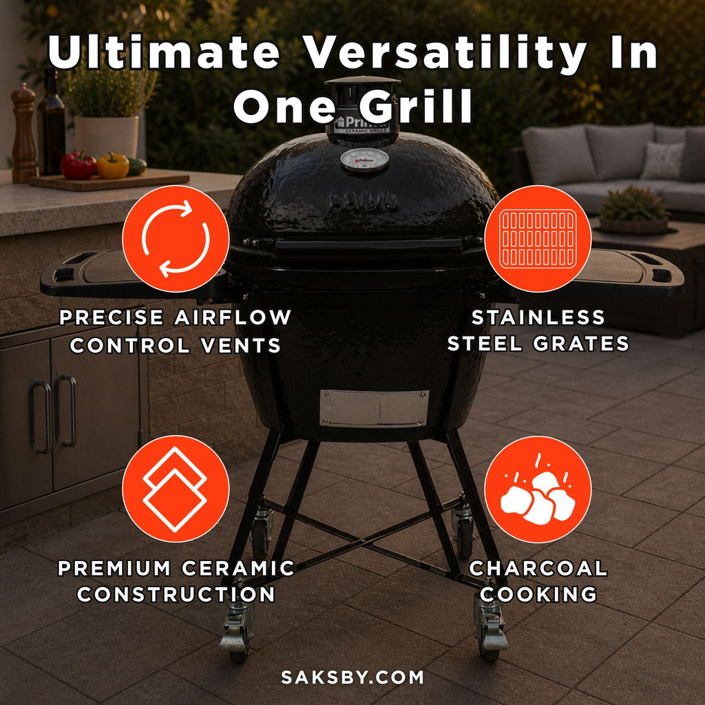 Primo Oval Large 300 All-In-One Ceramic Kamado Grill W/ Cradle, Side Shelves & Stainless Steel Grates [PGCLGC] (SAK21293) – S