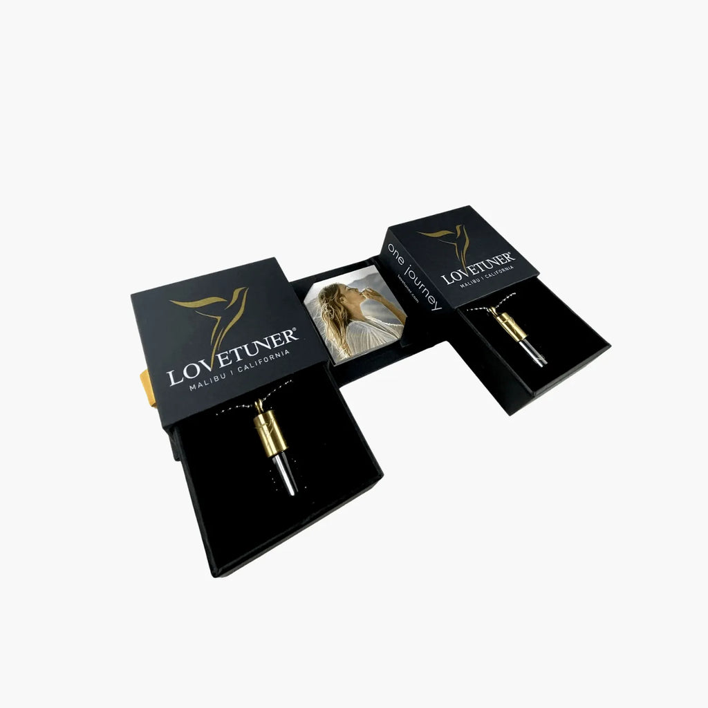 Lovetuner Duet Box with 2 Bronze Lovetuners 528Hz Breathing & Meditation — Lovetuner branding close-up