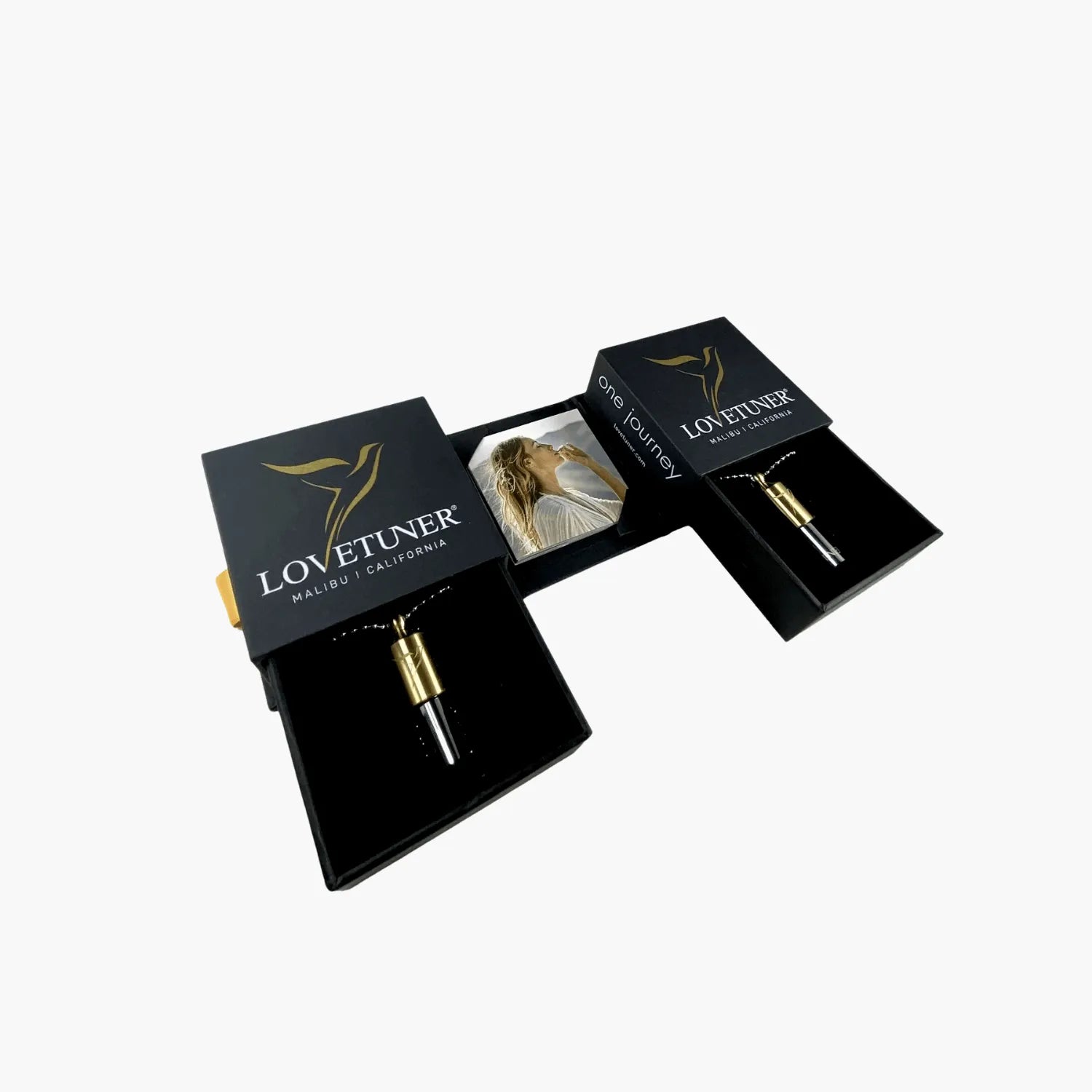 Lovetuner Duet Box with 2 Bronze Lovetuners 528Hz Breathing & Meditation — Lovetuner branding close-up