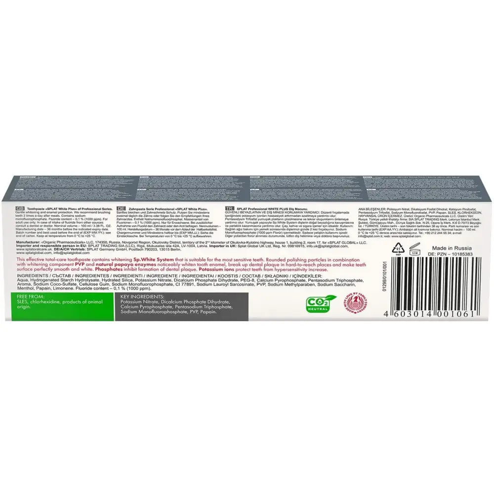 Professional Toothpaste Splat "White Plus". Safe Whitening and Enamel Protection.