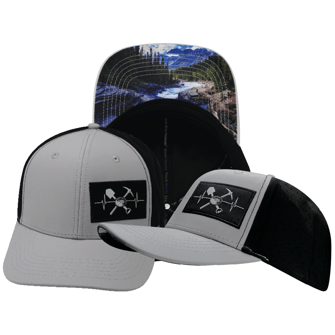 The Heartbeat Brand Prospecting Baseball Hat — Gray /  Black — main product shot