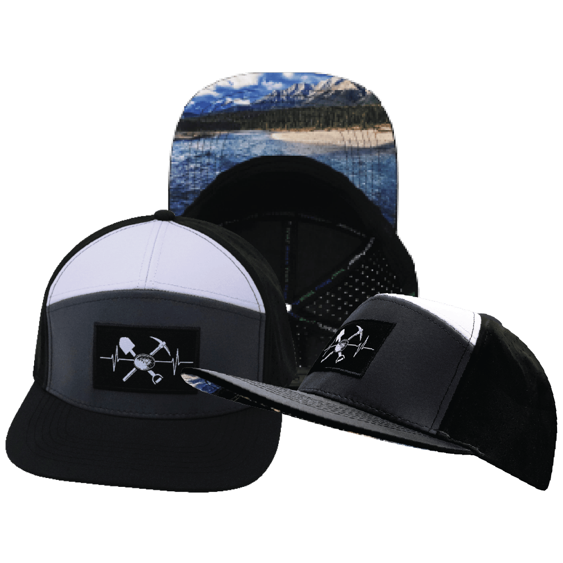 The Heartbeat Brand Prospecting Flat Bill Hat — Black / Charcoal / White — main product shot