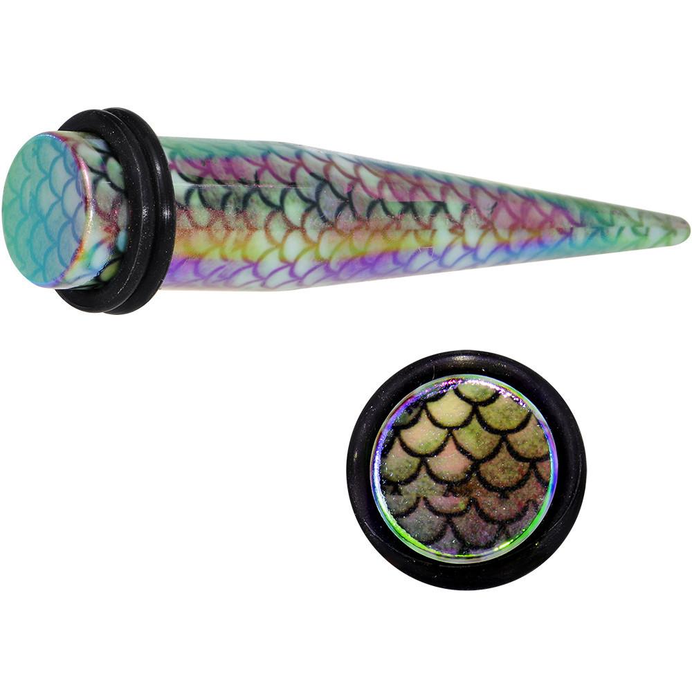 BodyCandy Rainbow Acrylic Mermaid Scale Straight Taper Set 14G to 12mm — detail close-up