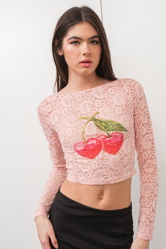Cherry Kiss Sheer Lace Crop Top – Long Sleeve Graphic Mesh Top
