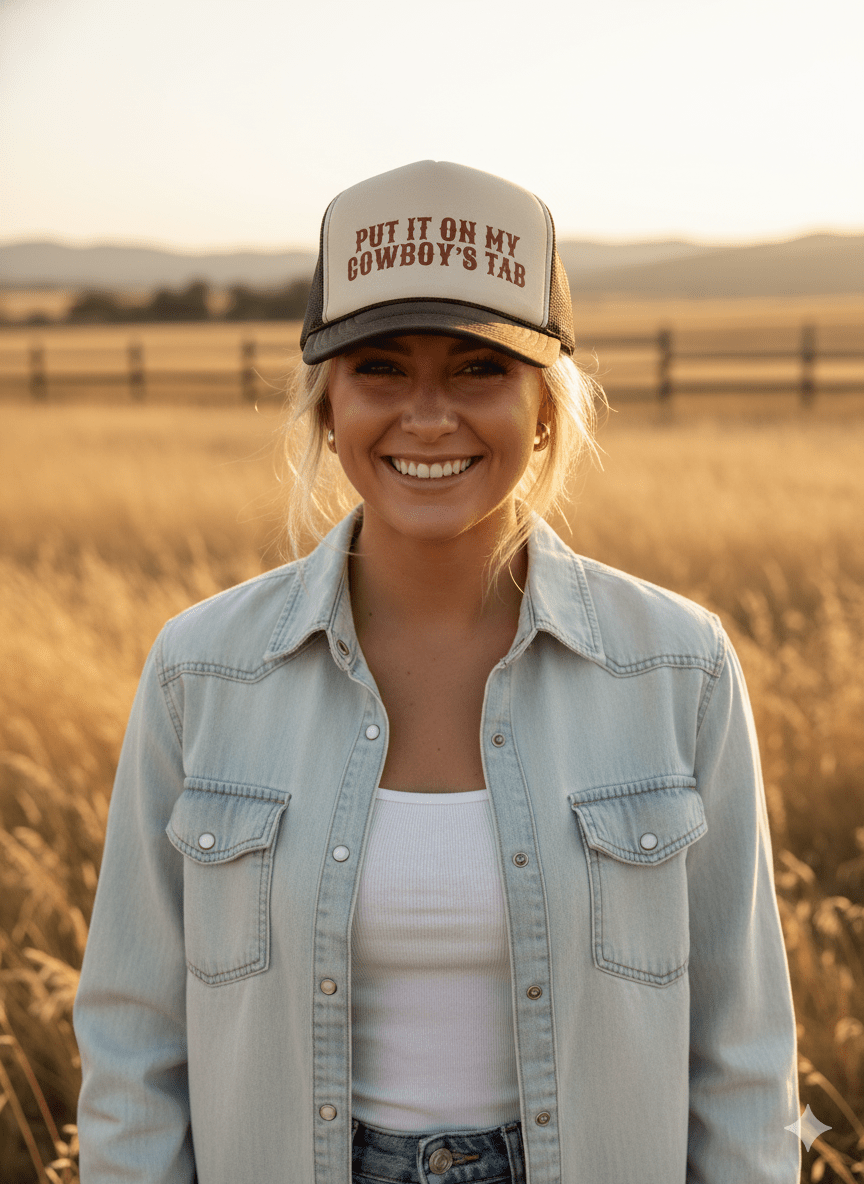 Wild Junkie Put It On My Cowboy's Tab Trucker Hat — construction detail