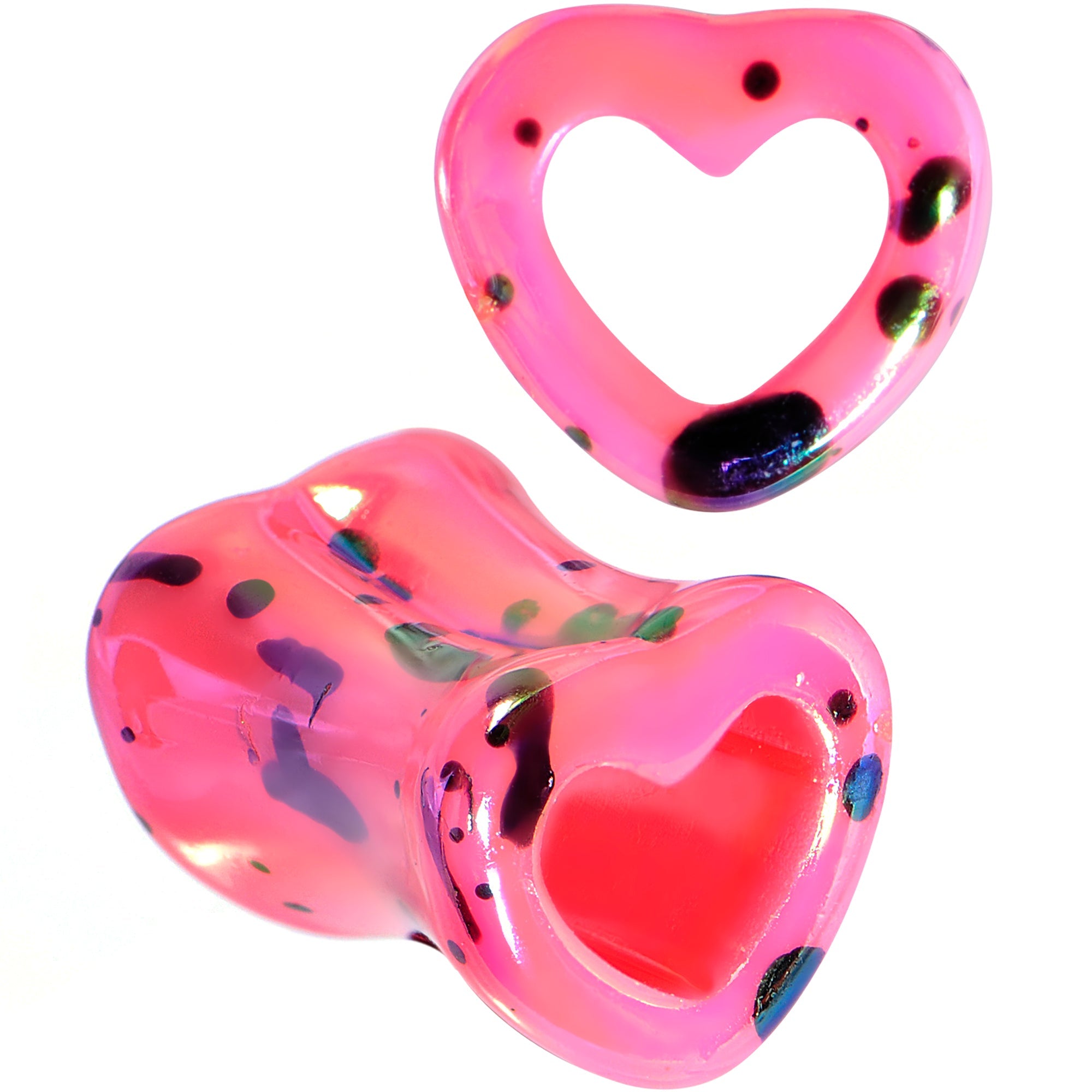 BodyCandy Black Speckled Pink Acrylic Heart Saddle Plug Set 4mm to 20mm — back view