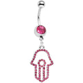 BodyCandy Pink Gem Hollow Hamsa Hand Dangle Belly Ring — main product shot