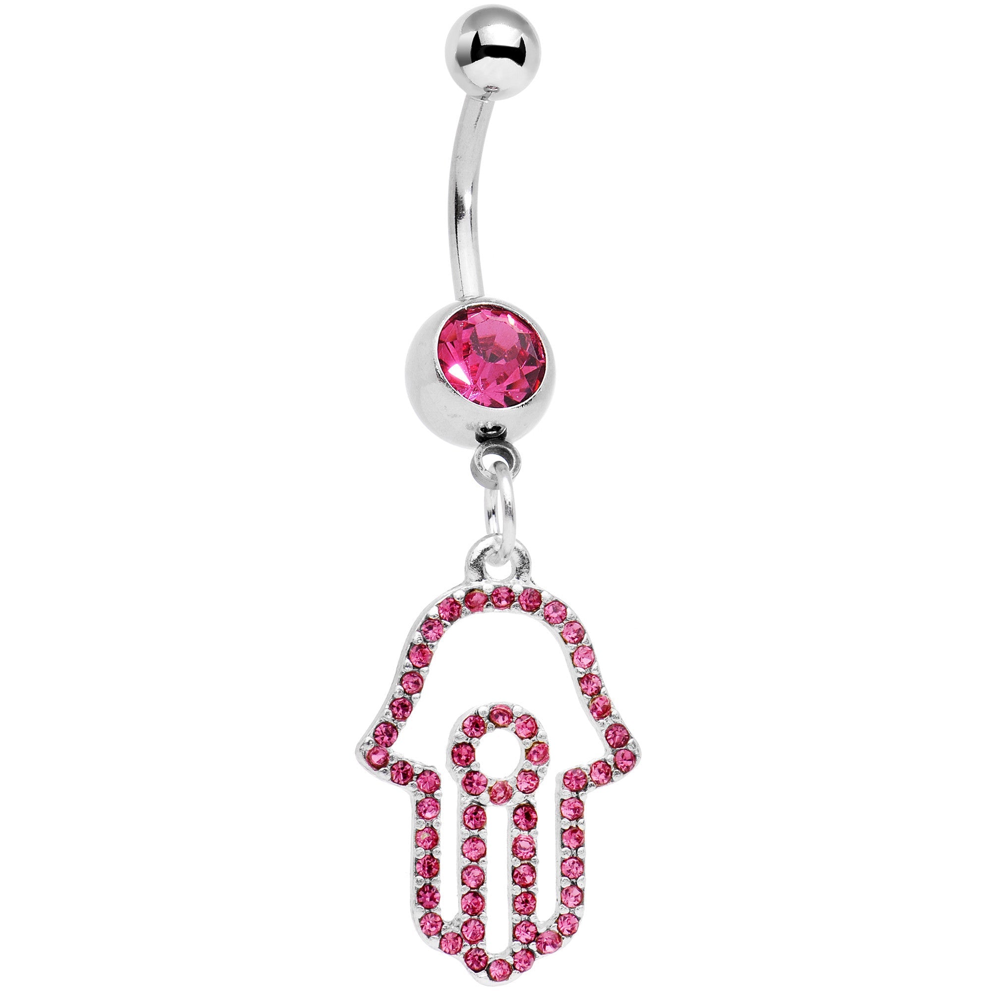 BodyCandy Pink Gem Hollow Hamsa Hand Dangle Belly Ring — main product shot
