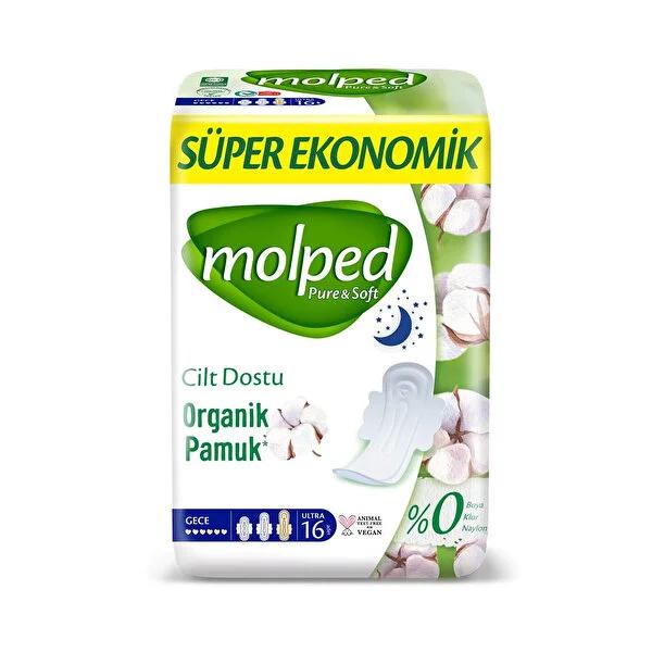 Molped Pure & Soft Super Eco Night Pads - 16 Count | Organic Cotton
