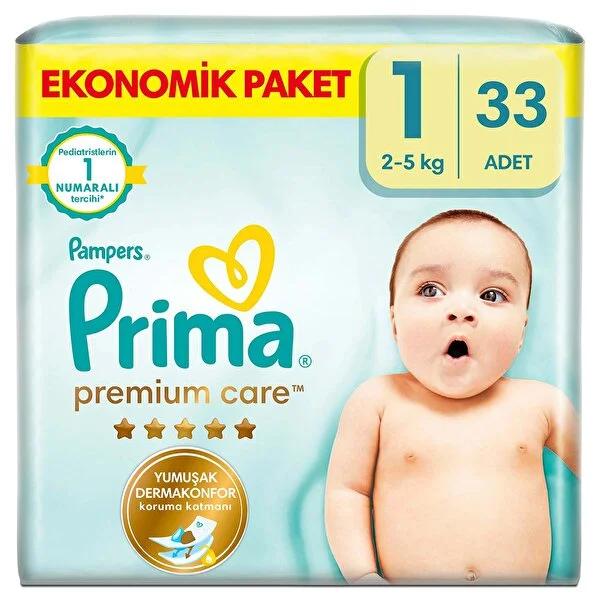 Prima Baby Diapers Premium Care Newborn Size 1 - 33 Count, Soft & High Absorbency Diapers for Newborns