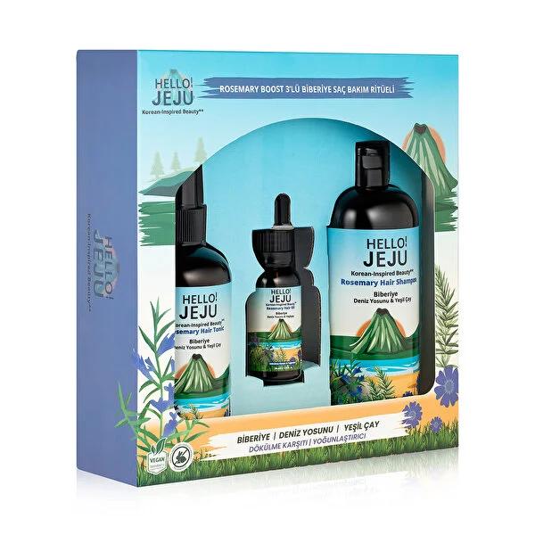 Hello Jeju Rosemary Hair Care Set: Anti-Hair Loss Shampoo, Thickening Tonic & Oil - Strengthens Hair, Seaweed & Green Tea Infusion