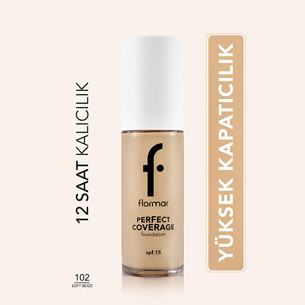 Flormar Perfect Coverage Foundation - Soft Beige (102) - Long-Lasting, SPF 15