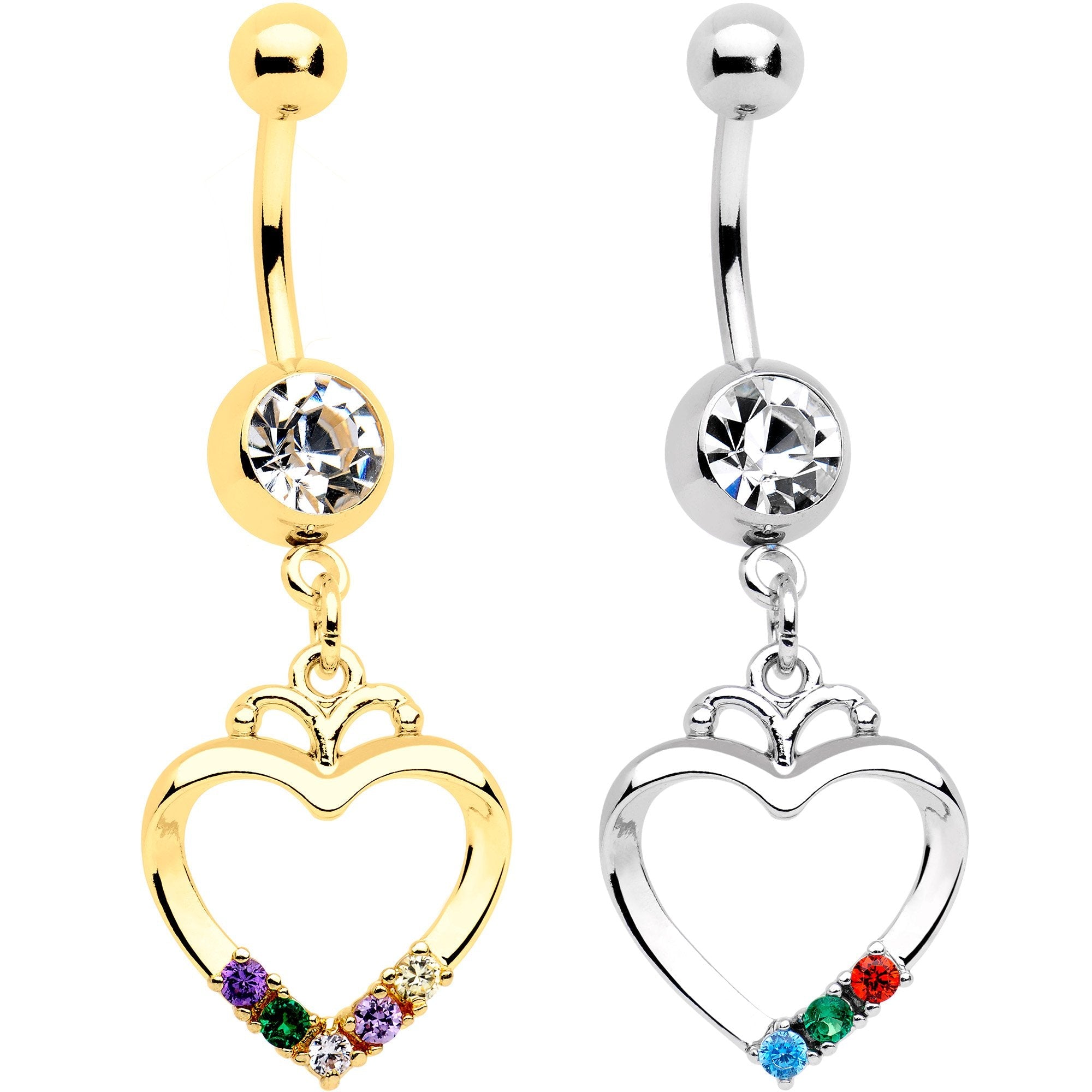 BodyCandy Clear Gem Gold PVD BFF Heart Dangle Belly Ring Set of 2 — main product shot