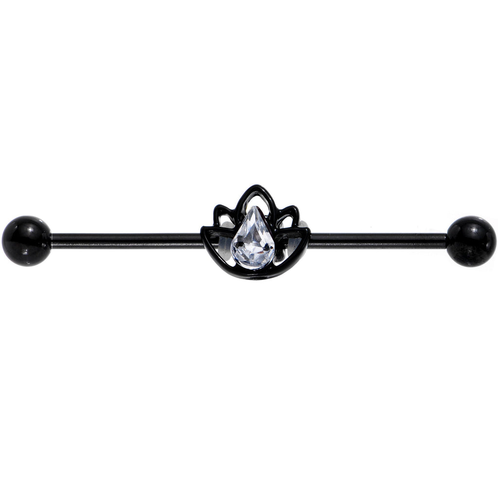BodyCandy 14G Clear Gem Black Lonely Lotus Flower Industrial Barbell 38mm — detail close-up