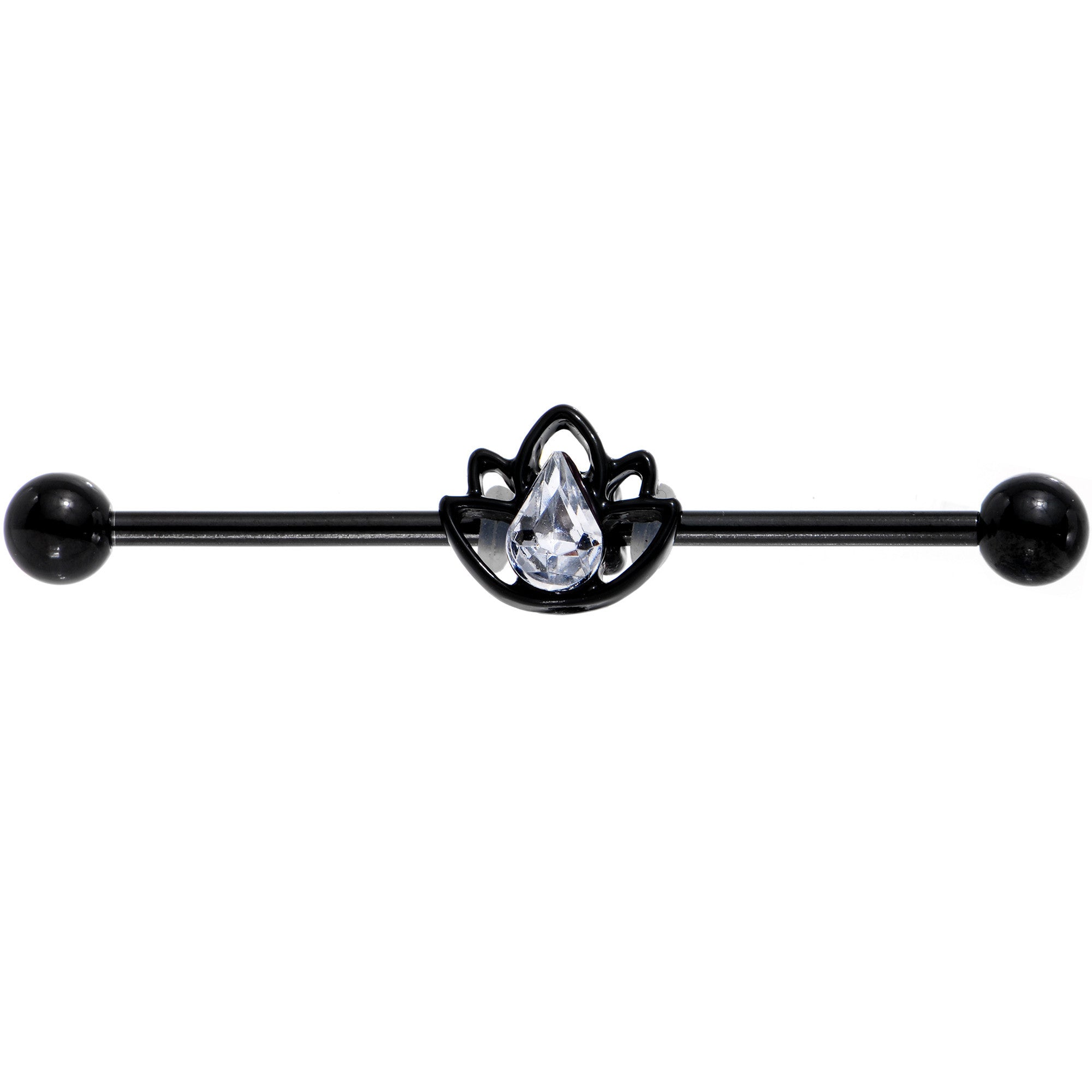 BodyCandy 14G Clear Gem Black Lonely Lotus Flower Industrial Barbell 38mm — detail close-up