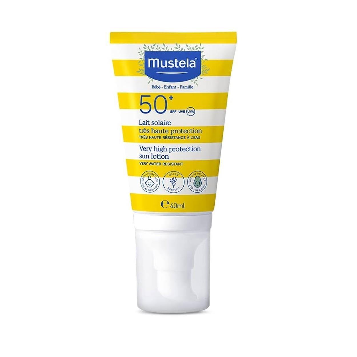 Mustela Sunscreen Lotion SPF 50+ - Water Resistant, Organic Avocado, Family Sun Protection