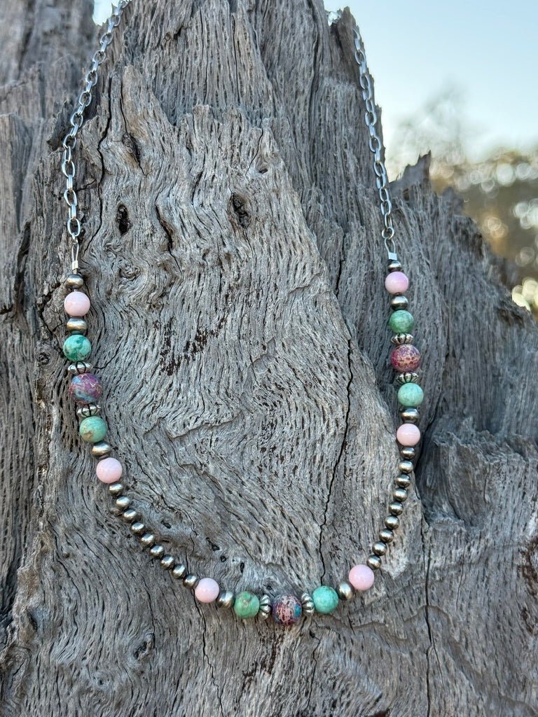 Wild Junkie Queen Conch and Round Turquoise Mosaic Beaded Necklace — main product shot