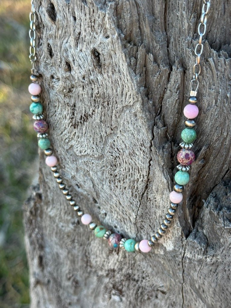 Wild Junkie Queen Conch and Round Turquoise Mosaic Beaded Necklace — alternative angle