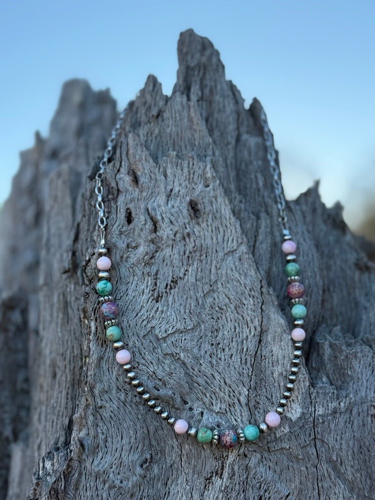 Wild Junkie Queen Conch and Round Turquoise Mosaic Beaded Necklace — back view