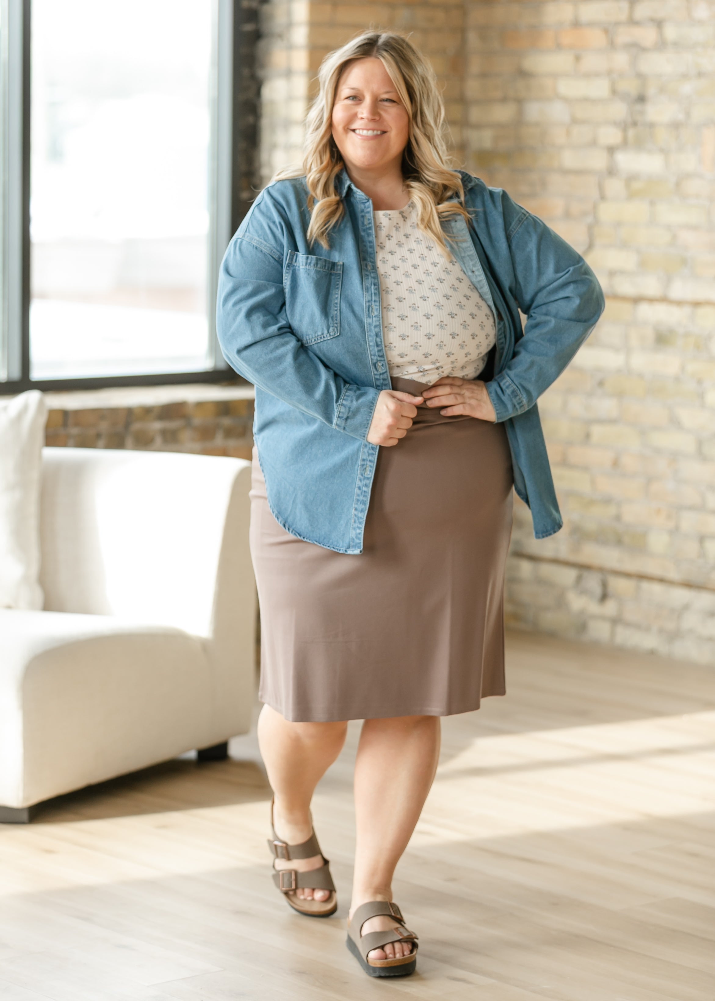 Inherit Co. Quinn Deep Taupe Knit Midi Skirt — detail close-up